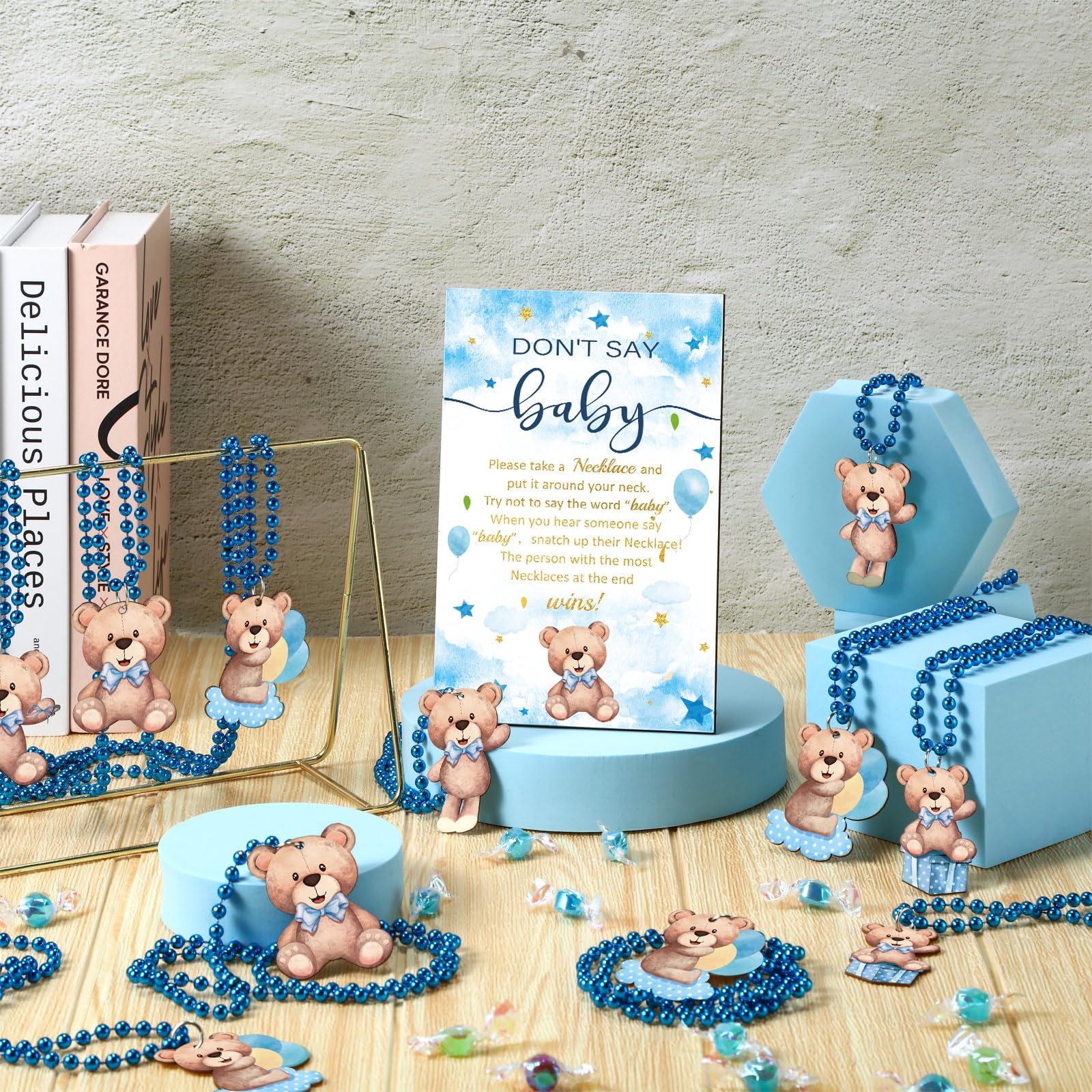 51-teiliges "Don't Say Baby Shower"-Spielzubehör, cooles Babyparty-Spiel, inklusive Babyparty-Schild und 50 Baby-Halsketten, Holzketten, Babyparty für Jungen und Mädchen, Party-Dekoration (blauer Bär)