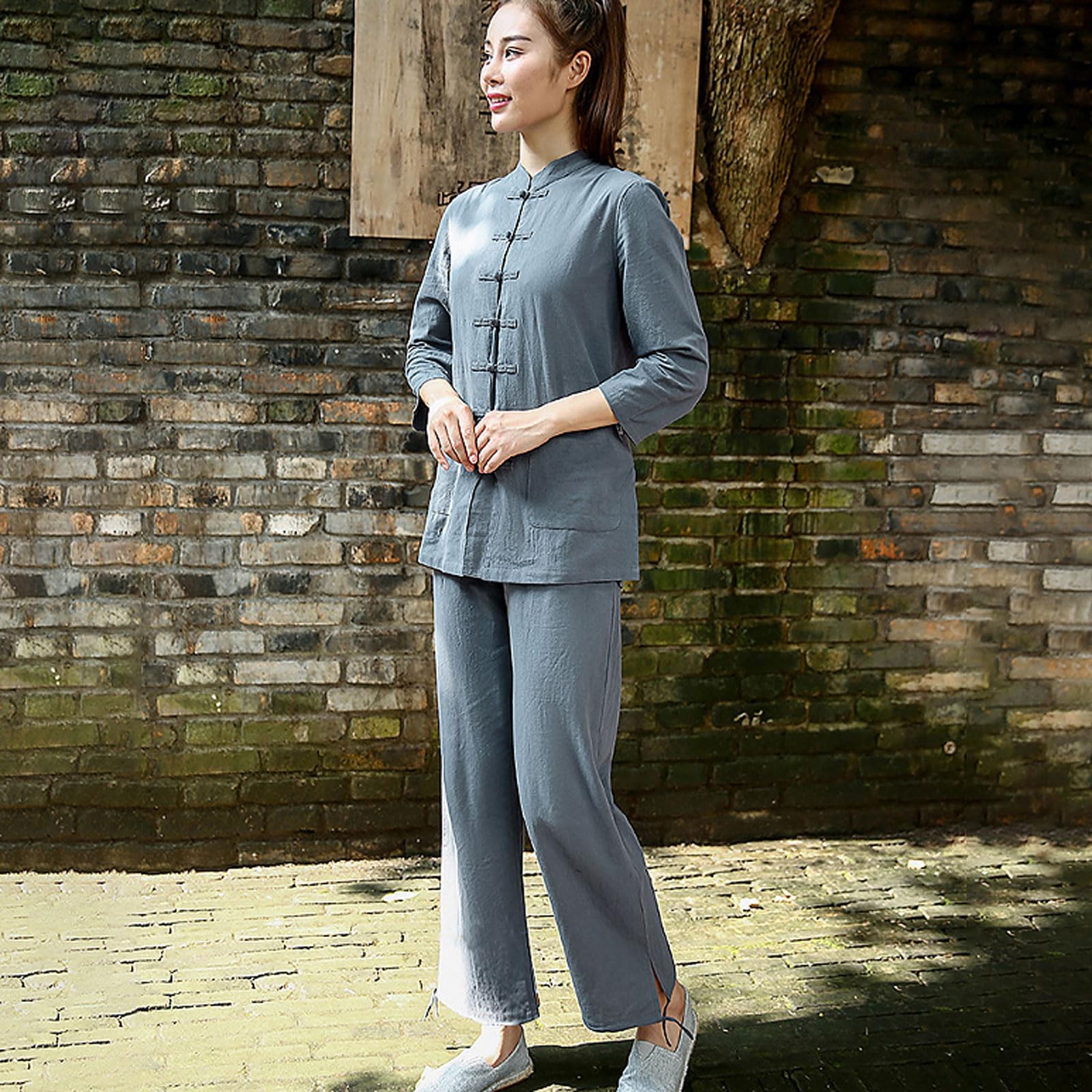 Wing Chun Taichi Uniform,Tangzhuang Training Uniform,Wushu Frühling Herbst Freizeit Kleidung,Hanfu Kampfsport Hemd,Unisex,Langärmelig,Atmungsaktiv,für Meditation und Qigong