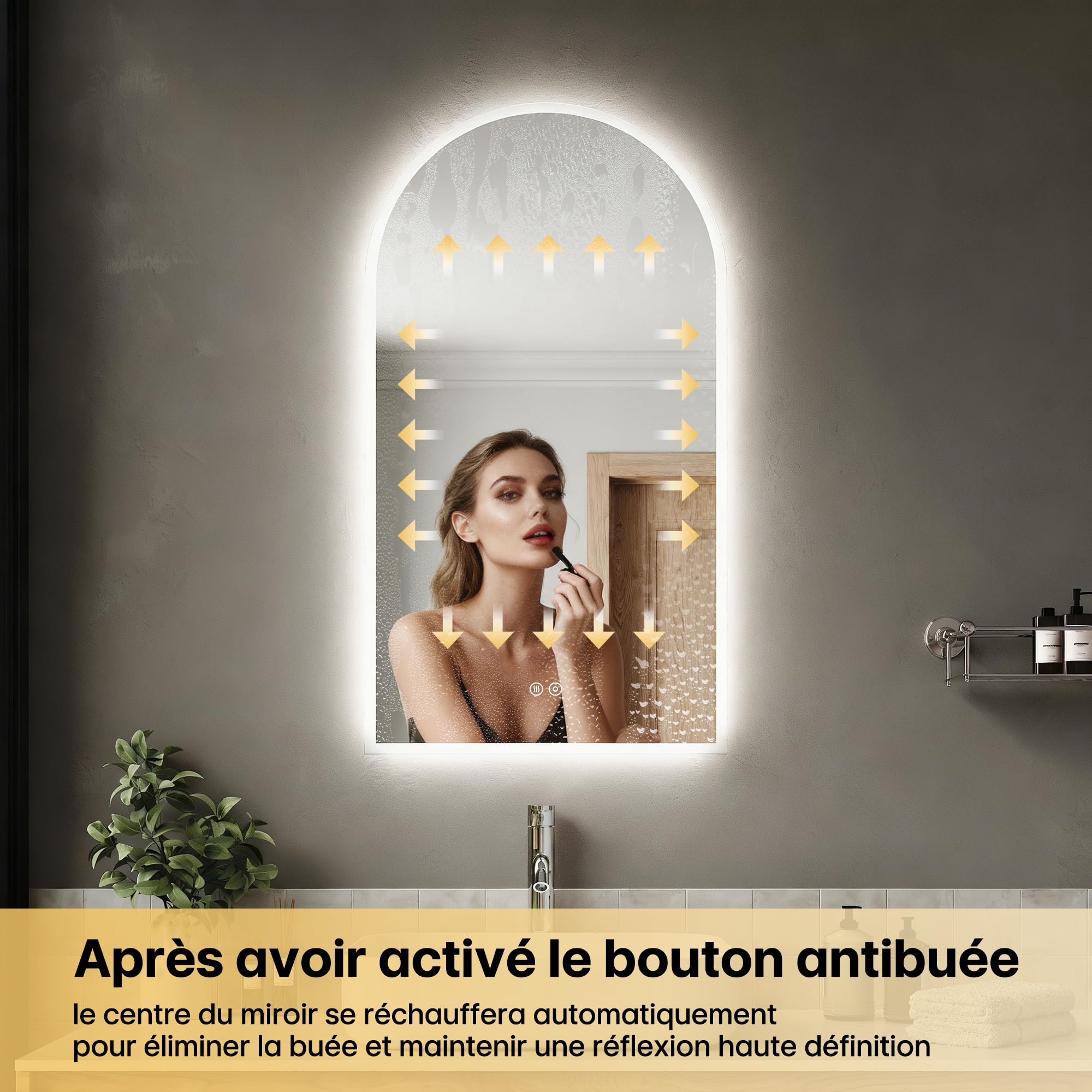 SIRHONA Miroir Salle de Bain Arquée 90x50cm, Dimmable, 3 Couleurs Légères, Anti-buée, Mémoire, IP44, Douille, Mirroir Lumineux Salle de Bain, Horizontal/Vertical