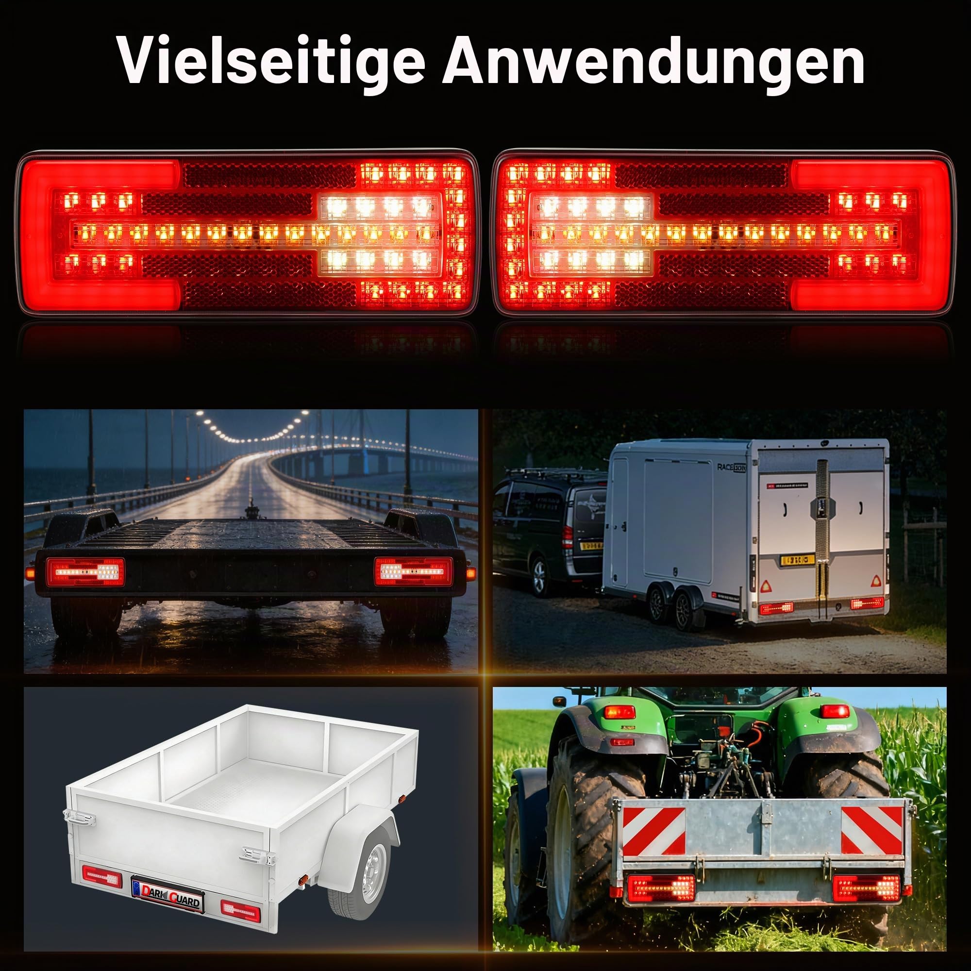 2 x Rücklicht Anhänger Beleuchtung LED Heckleuchten 12V/24V Wasserdicht Rückleuchten für Anhänger PKW Landwirts-Traktor, 6 Funktionen mit Nebelleuchte-Rückfahrlicht & Reflektor