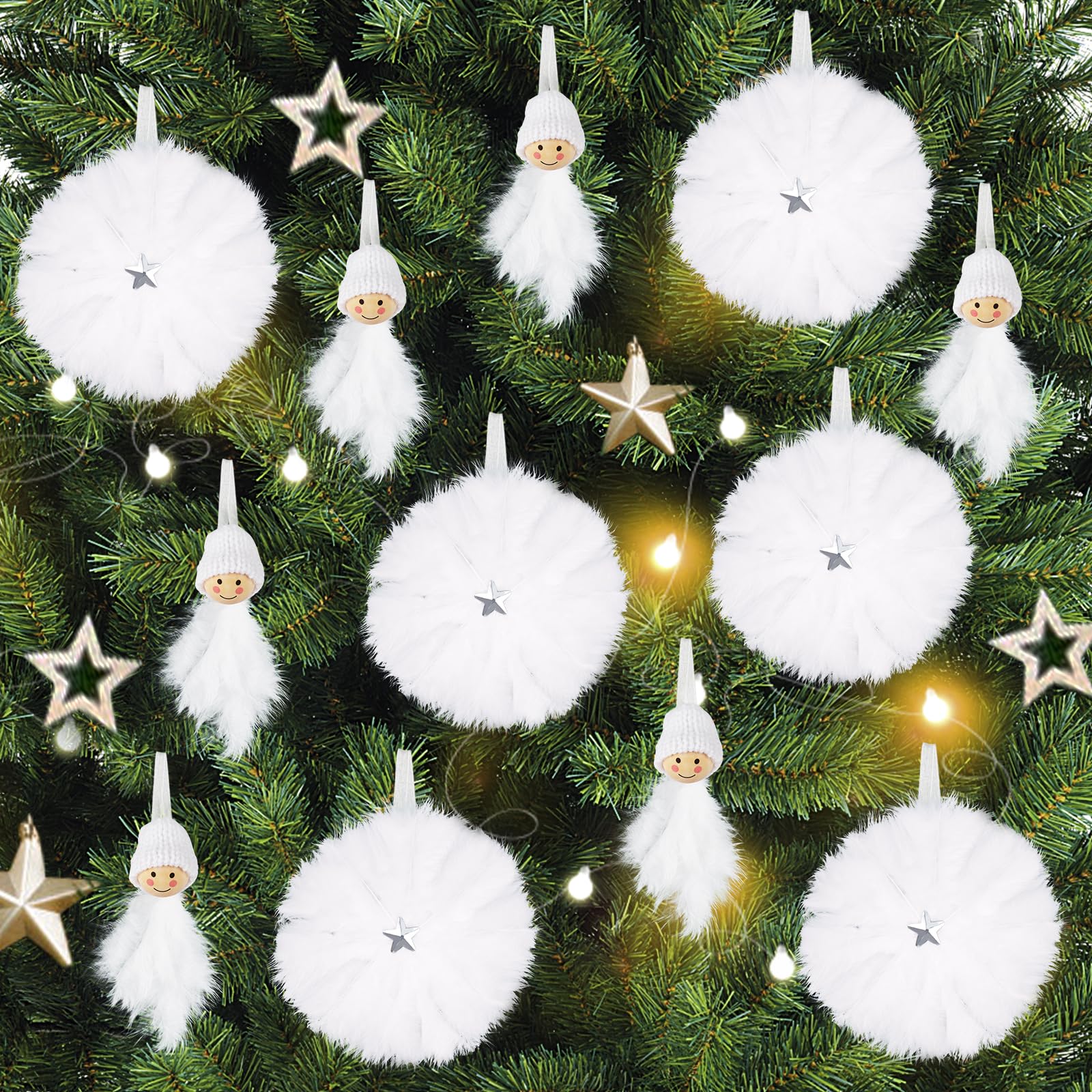 MWOOT 12 Piezas Decoraciones de Árbol de Navidad de Plumas Blancas, Adornos Colgantes de Plumas de Muñeca y Estrella de Navidad, Árboles de Navidad Ornamentos Colgantes para Bodas Fiestas