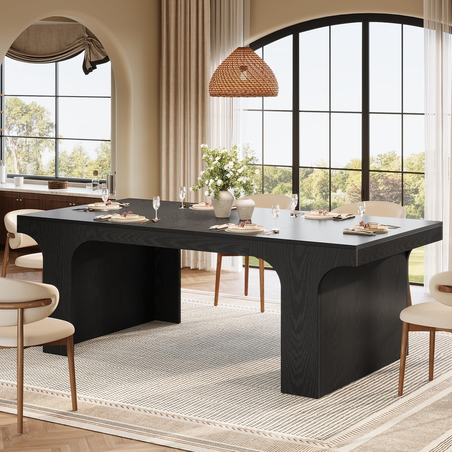 Tribesigns 71-Inch Large Dining Table for 6-8, Farmhouse Wooden Kitchen Table with Arched Design, Rectangular Dining Furniture with Double Pedestal for Dinner Room, Black