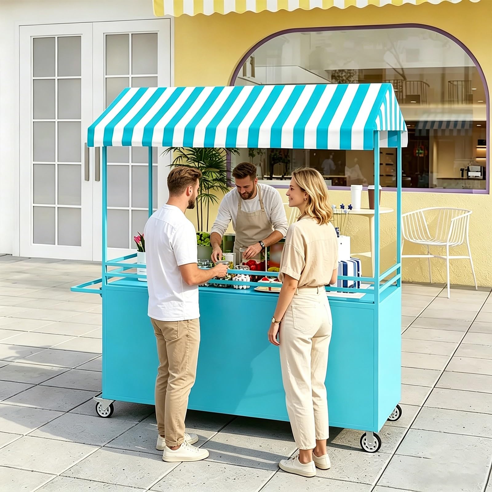 Tragbarer Verkaufswagen mit überdachung, Mobiler Imbisswagen Marktständer Stall, Verkäufer-Dessertstand for Markt, Straßenessen und Veranstaltungen(Blue)