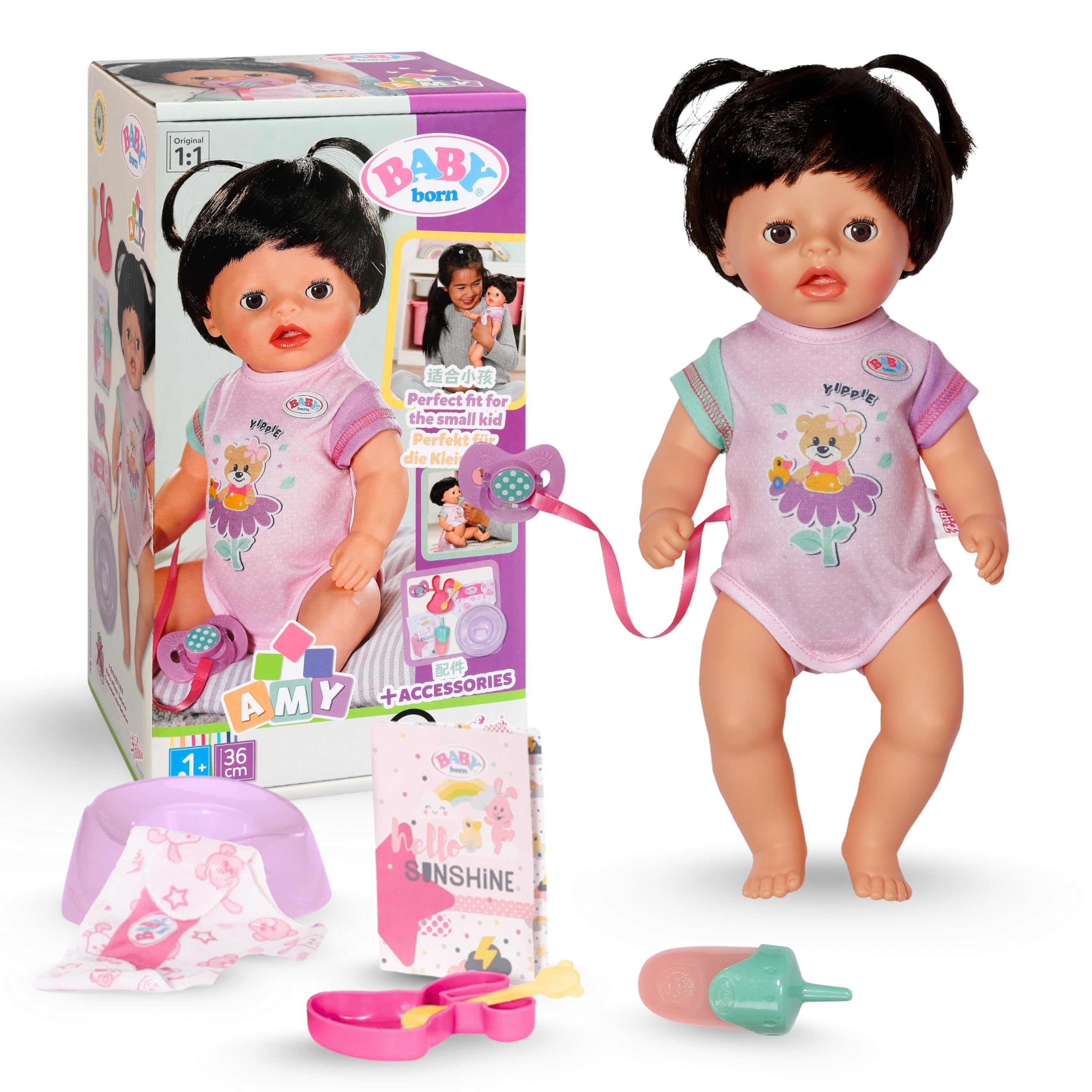 BABY Born Amy – Muñeca de 36 cm – Muñeca bebé con 7 Funciones para niños pequeños a Partir de 1 año – Funciona sin Pilas – Incluye Accesorios y Pelele