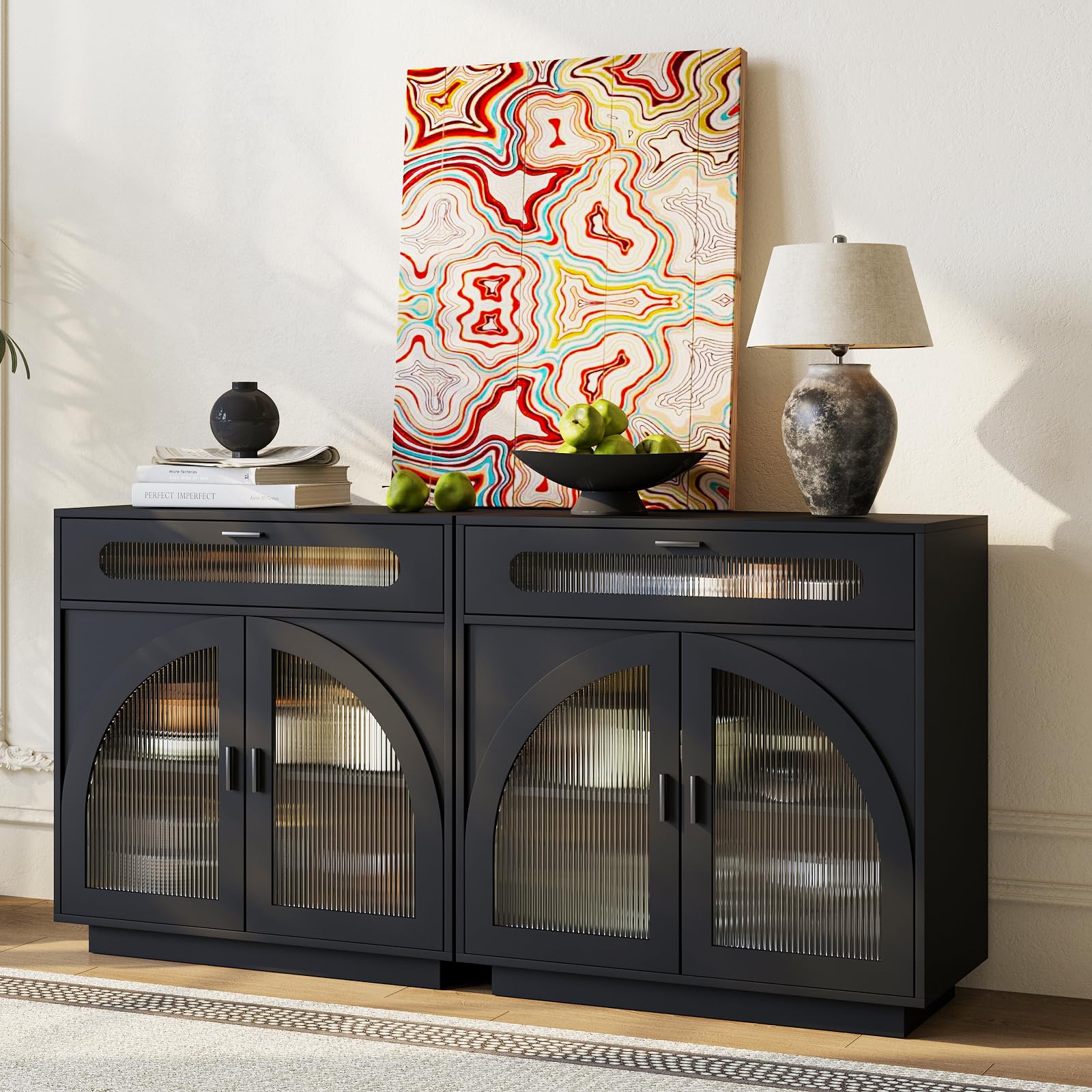 Sideboard Buffet Cabinet with Acrylic Doors &amp; Drawer,Storage(2, A-Black)