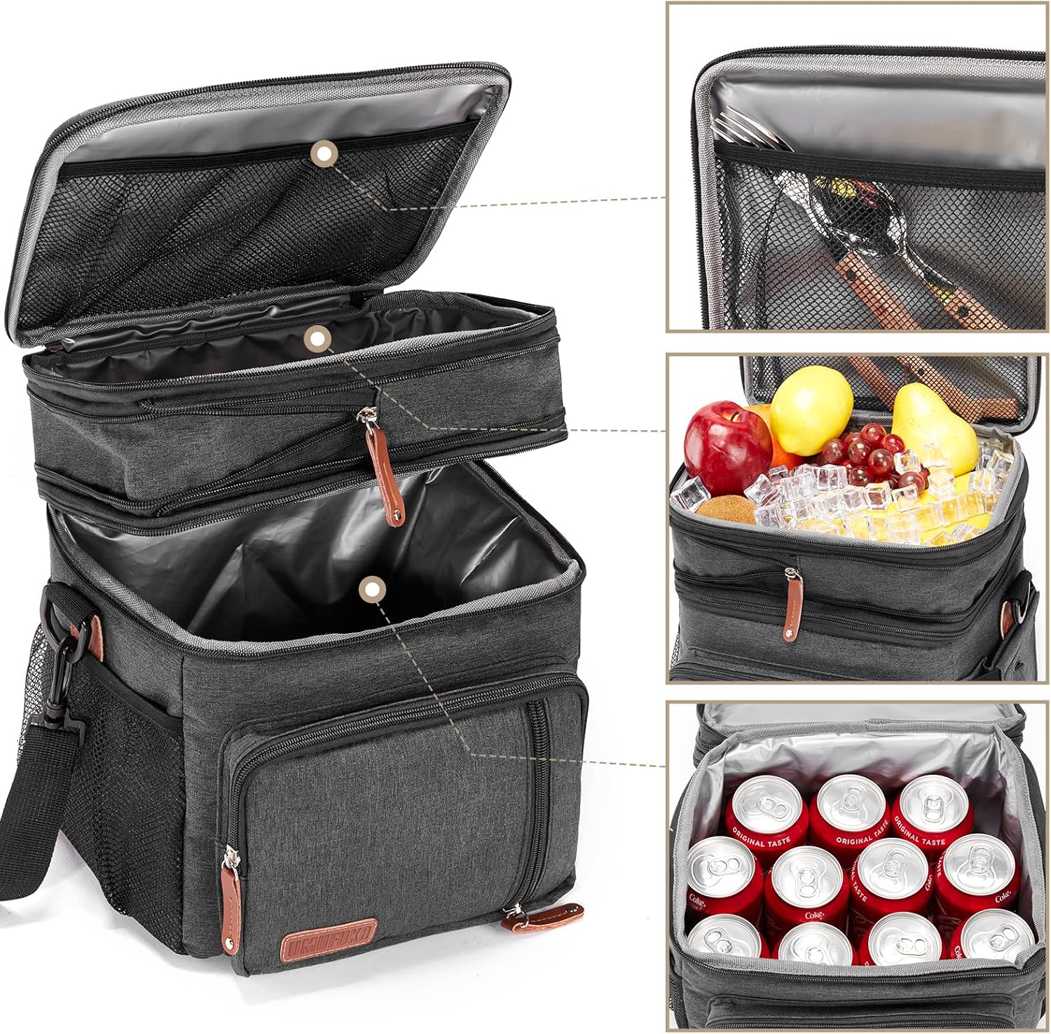 Men's Double/Women's Compartment Lunch bag, Insulated Lunch Cooler Tote 2 Roomy Large Reusable Water-resistant Lunch box (black) - Image 4
