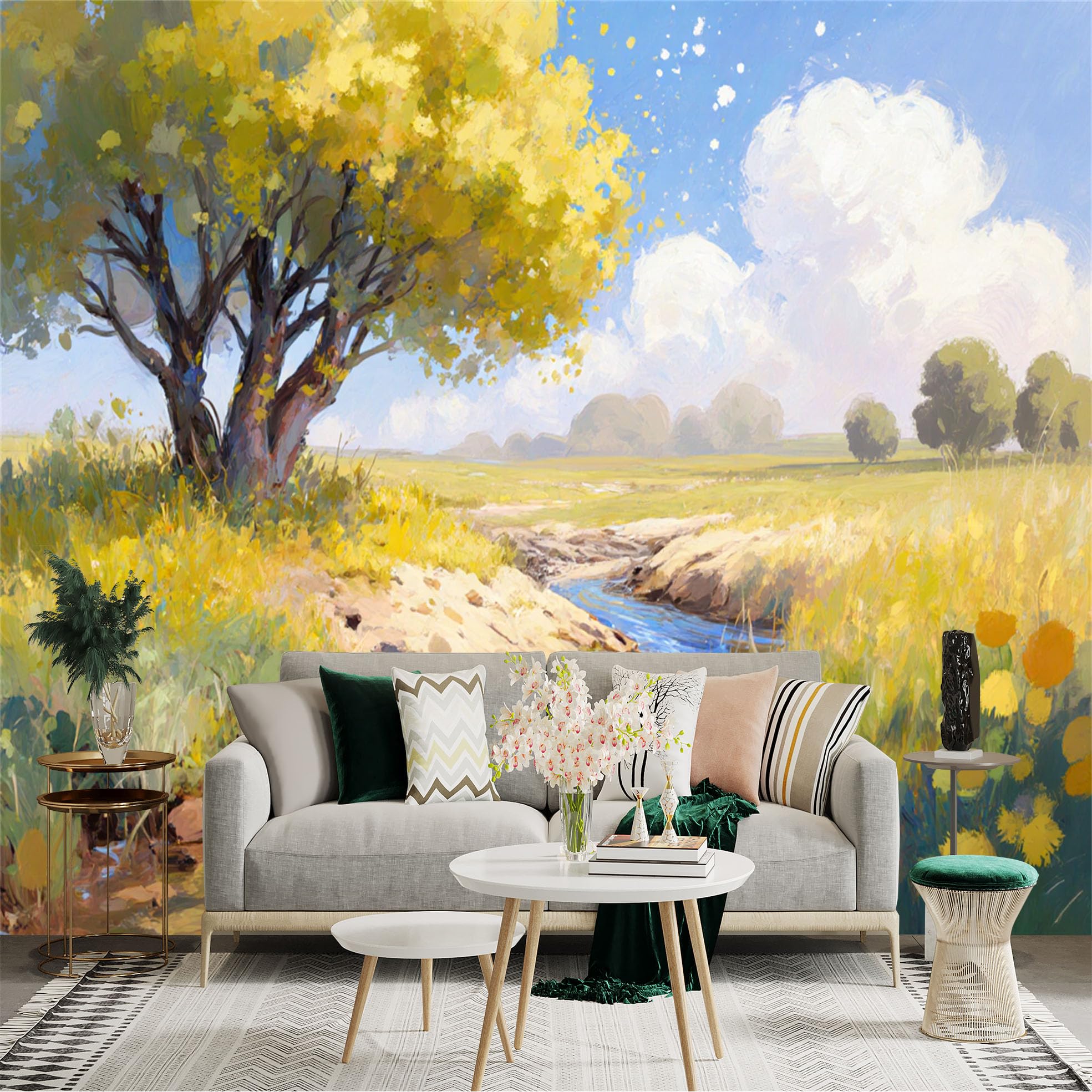 Custom Size Wall Sticker Mural， Sunny Landscape with Tree， River and Meadow， for wall Decoration， peelandstick wall Decals.