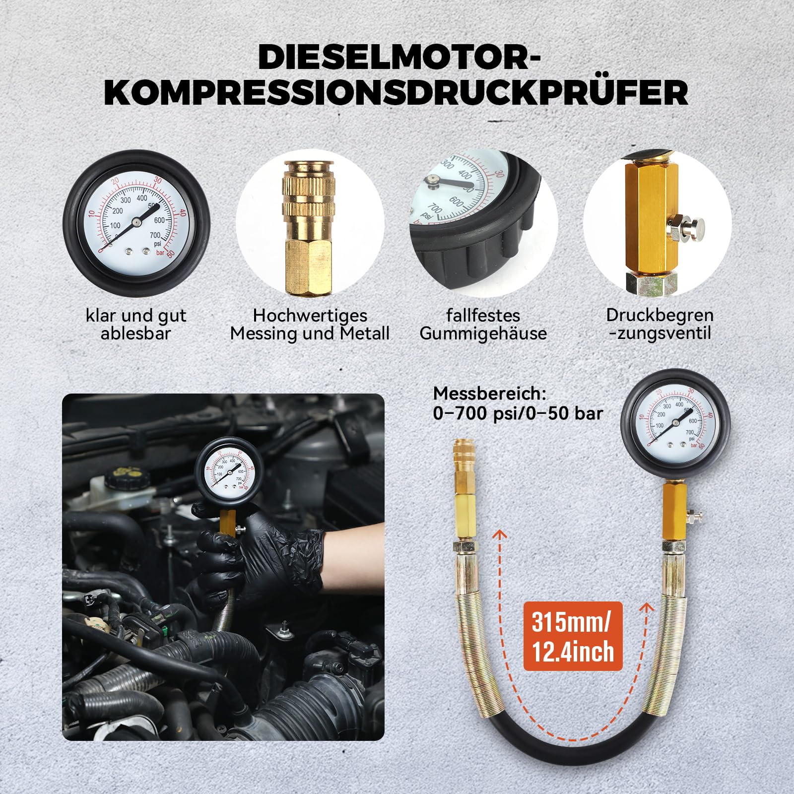 46-tlg Profi Kompressionstester Satz KFZ Druckverlustprüfer Motoren Prüfer kompatibel mit Diesel- und Benzinmotoren, Kompressionsprüfer mit Adapter für PKW, LKW, Motorräder