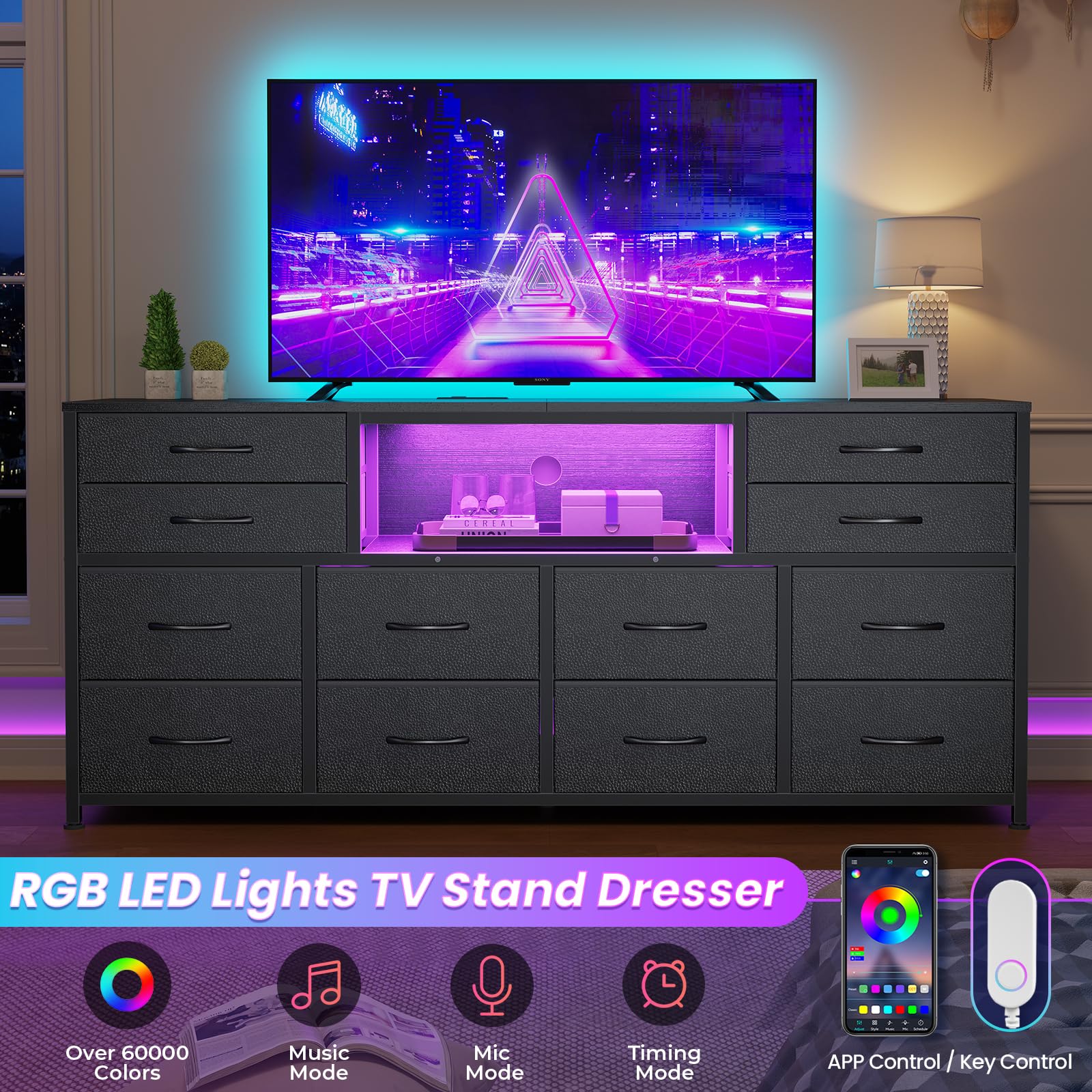 BTHFST LED TV Stand Dresser for Bedroom with Power Outlets, 55 inch Entertainment Center with 12 Drawers, Media Console Table for 32/45/55/60 inch TVs, Chest of Drawers for Bedroom, PU Black