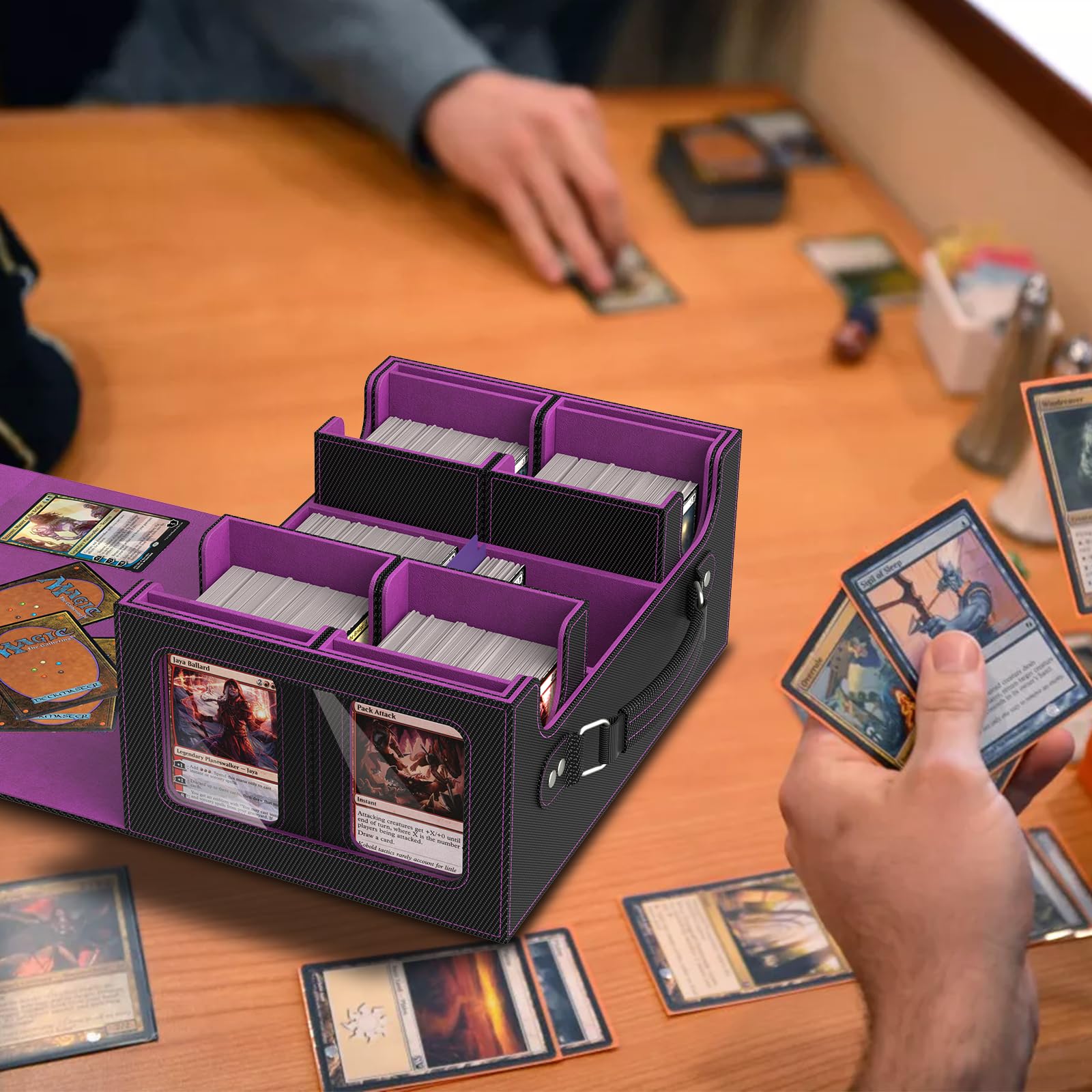 Scatola per carte MTG con display Commander, scatola per carte 4 in 1, adatta a oltre 400 carte a doppia tasca, scatola portaoggetti rimovibile per TCG, 4 porta carte magnetiche, 4 divisori (nero e