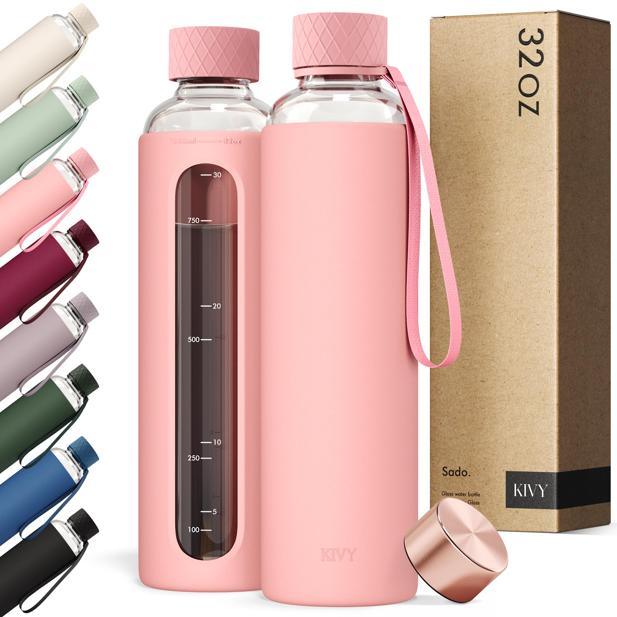 KIVY Gourde en verre de 1 l avec protection en silicone - Convient pour les