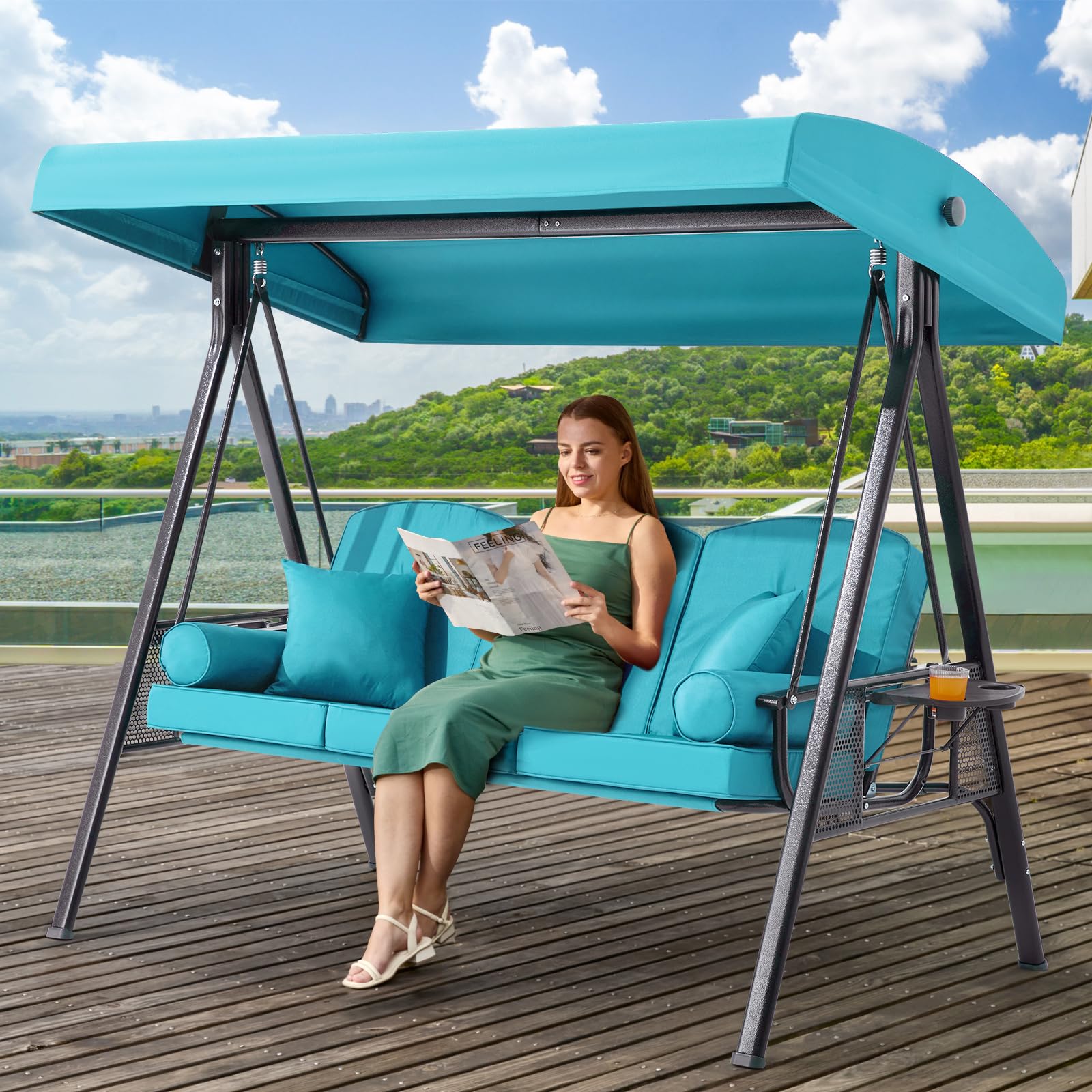 3 Seat Outdoor Patio Porch Swing with Adjustable Canopy, 3 in 1 Swing for Adults, Patio Swing Chair with Thickened Cushions,Pillows &amp; Cup Holders for Backyard, Porch, Garden (Lake Blue)