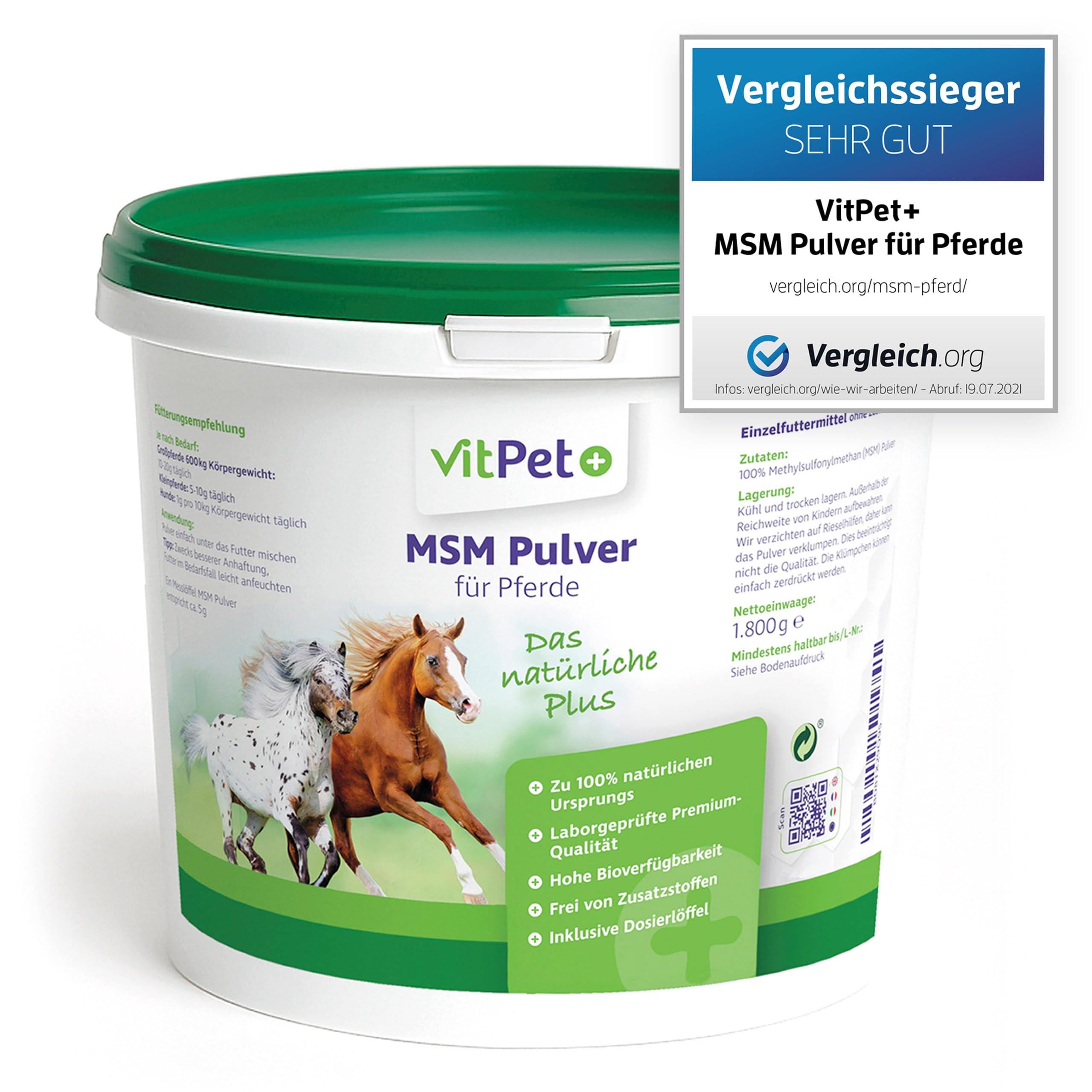 MSM Horse - Polvo MSM Premium para caballos en cubo de 1,8 kg, incluye cuchara dosificadora (polvo de metilsulfonilmetano/azufre para caballos y perros)