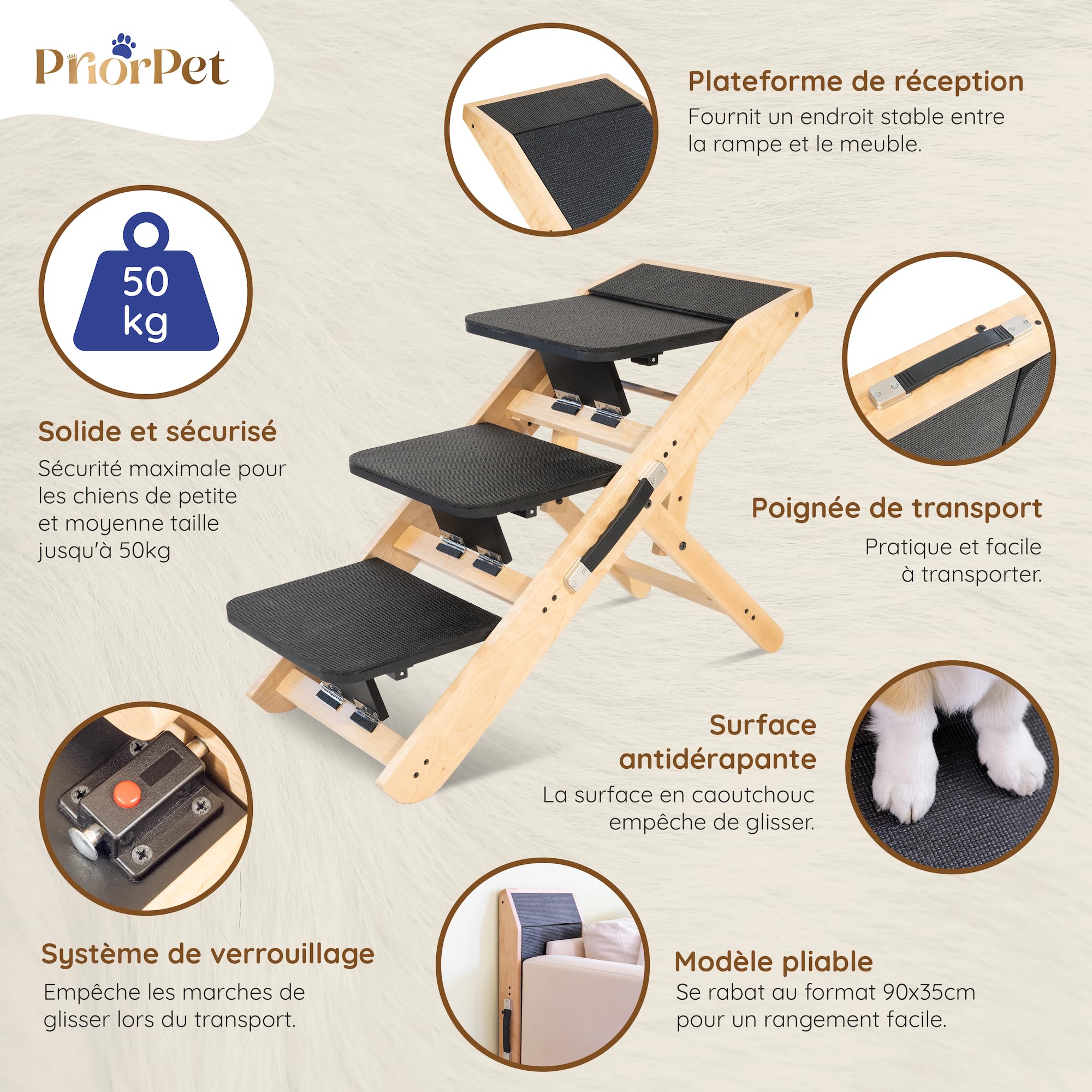 Escalier pour Chien canapé & lit 2-en-1 Rampe Chien réglable en Hauteur pour canapé 18-50 cm - Escalier pour Animal - Escalier Transport Facile avec Plateforme, Naturel
