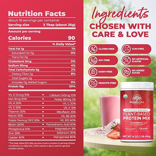 Miniatura 4 de GoldenSource Proteins, fresa, proteína en polvo a base de plantas, mezcla de proteínas, proteína en polvo con 22 vitaminas y minerales, 0.55 onzas