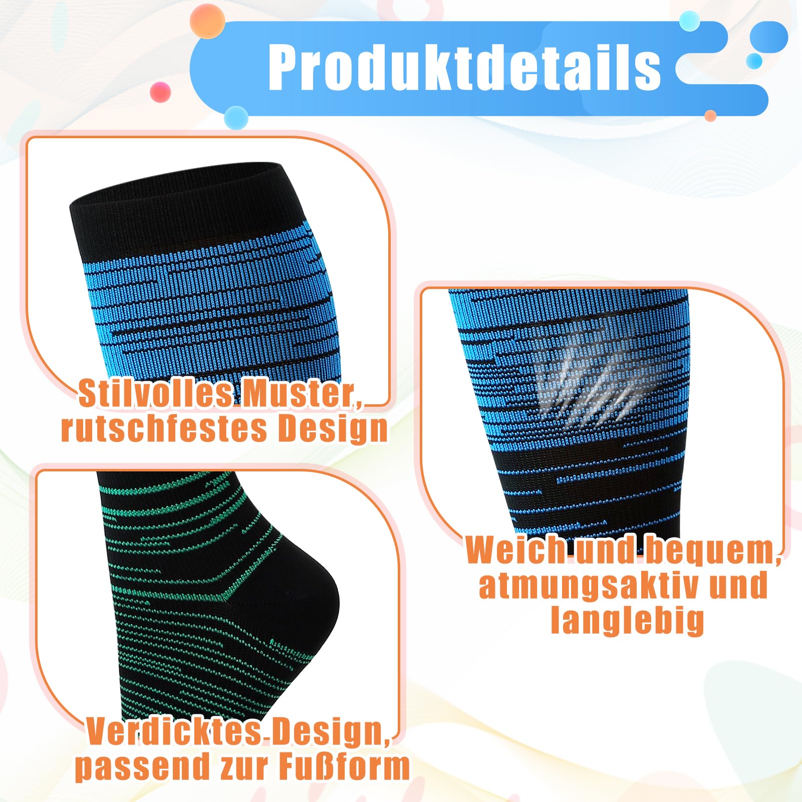 Utensilsto 6 Paar Kompressionsstrümpfe, Stützstrümpfe für Damen und Herren, Compression Socks Stützstrümpfe Kompressionssocken für Sport, Wandern, Reisen, Radsport, Running
