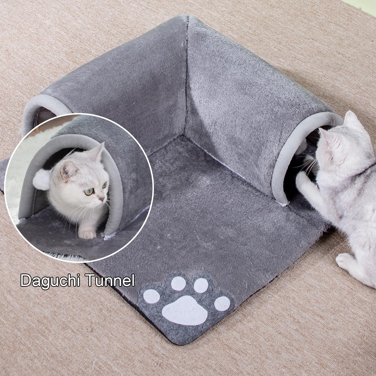 Katzentunnel Bett, 2 In 1 Katzenspieltunnel Mit Teppich, Abnehmbare Kätzchen Pet Play Tube - Waschbar Kätzchen Höhle Matte mit Ball Spielzeug, Katzenteppich, 50 * 50cm (Grau)