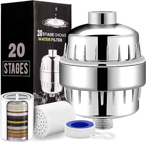 HONGEZEY Filtro de ducha de 20 etapas para agua dura, filtro de agua de ducha con 2 cartuchos de filtro reemplazables para eliminar el fluoruro de