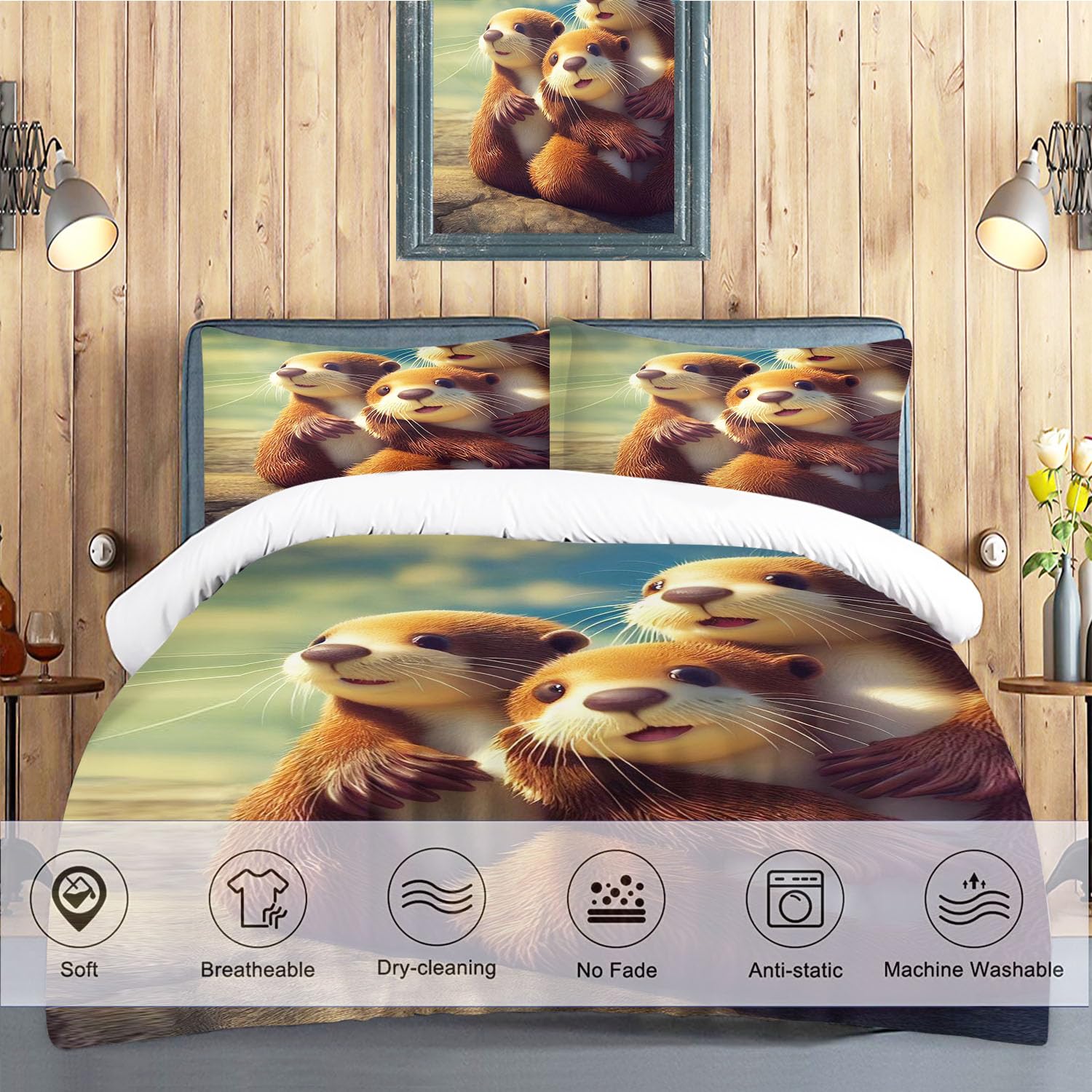 SMchwbc Otter Bed Linen 135 x 200 cm, Cute Otter Duvet Cover for Boys Girls Otter Animal Bed Linen Set, 3D Print - Image 2