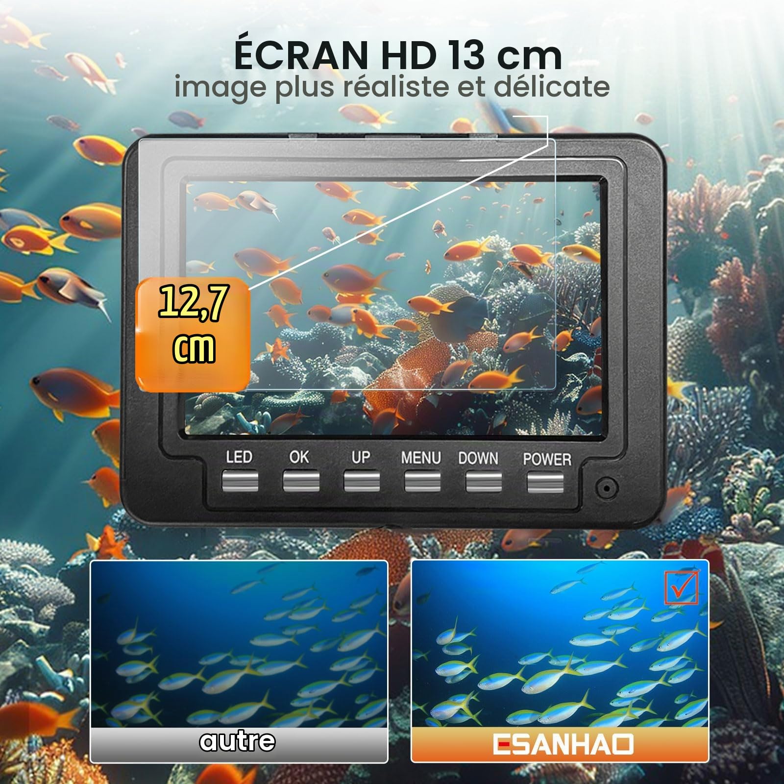 Portable Caméra de Pêche, 5" Camera sous Marine Peche Étanche 12pcs LED 1000TVL HD Fish Finder pour la pêche sur Glace, lac et Bateau