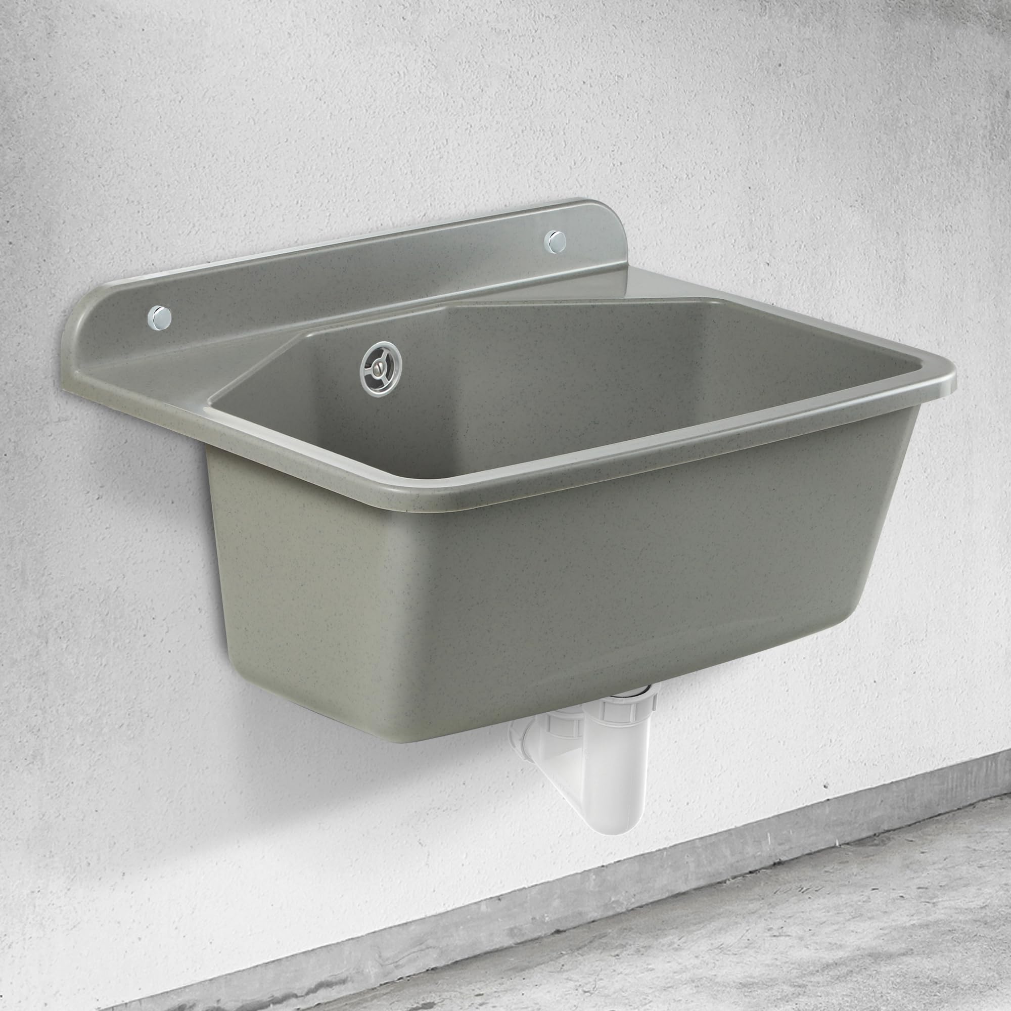 KADAX Bassin utilitaire gospo avec siphon, 46 x 37 x 20 cm, lavabo en plastique, pour lavage garage, sous-sol, buanderie, atelier, fixation murale, évier plat, accessoires inclus (gris)