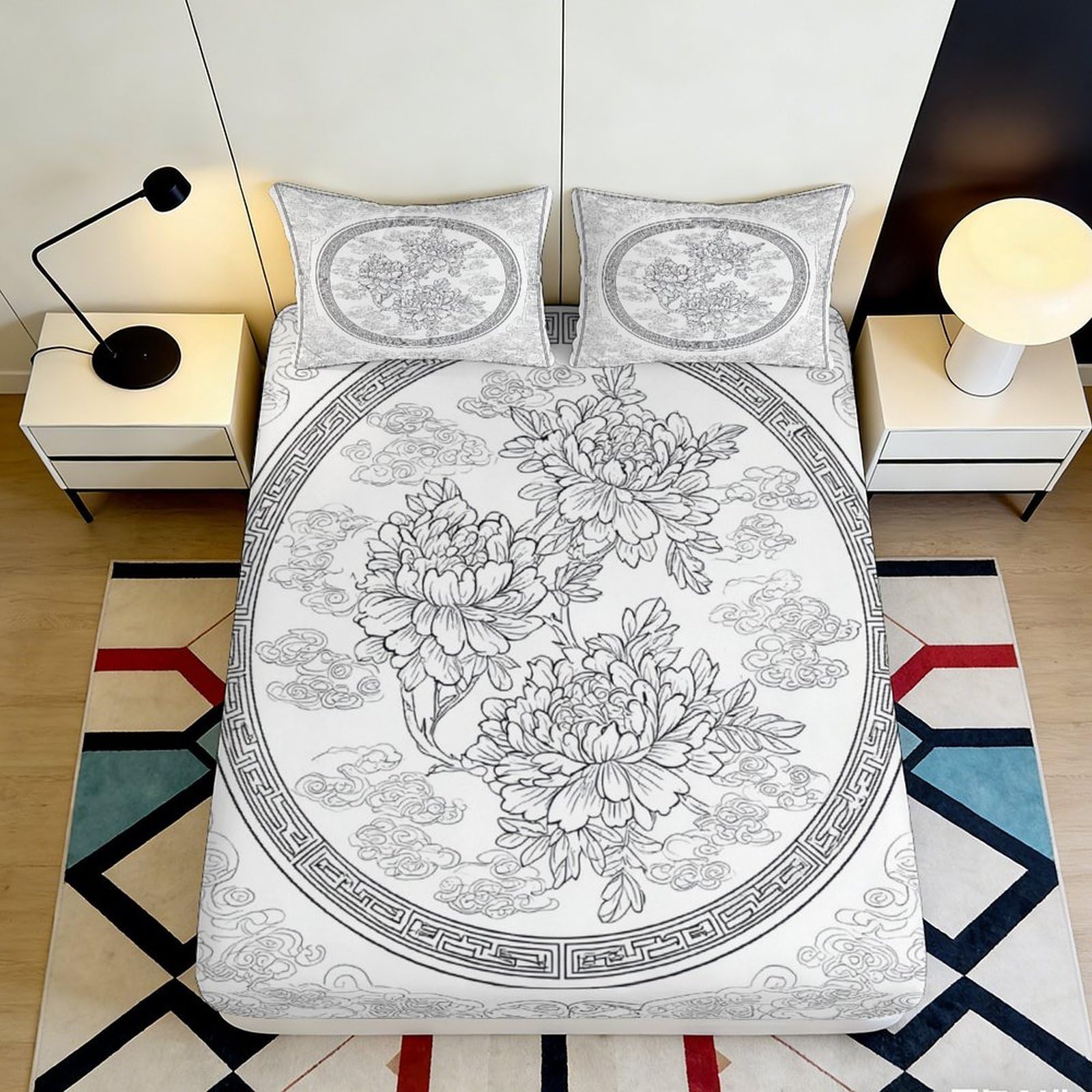 3D Printed Floral Peony Fitted Sheet Microfiber Soft Breathable Cloud Pattern Mattress Cover for Bedroom Dormitory Guest Room Protection Decor 180x200x25cm