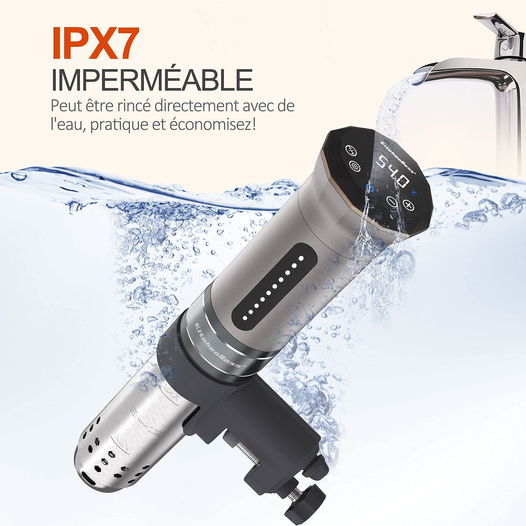 KitchenBoss Sous Vide Stick 1100 W: IPX7 resistente al agua Sous Vide Garer, ciculador de inmersión con pantalla LED y termostato ajustable para una cocción precisa, acero inoxidable plateado