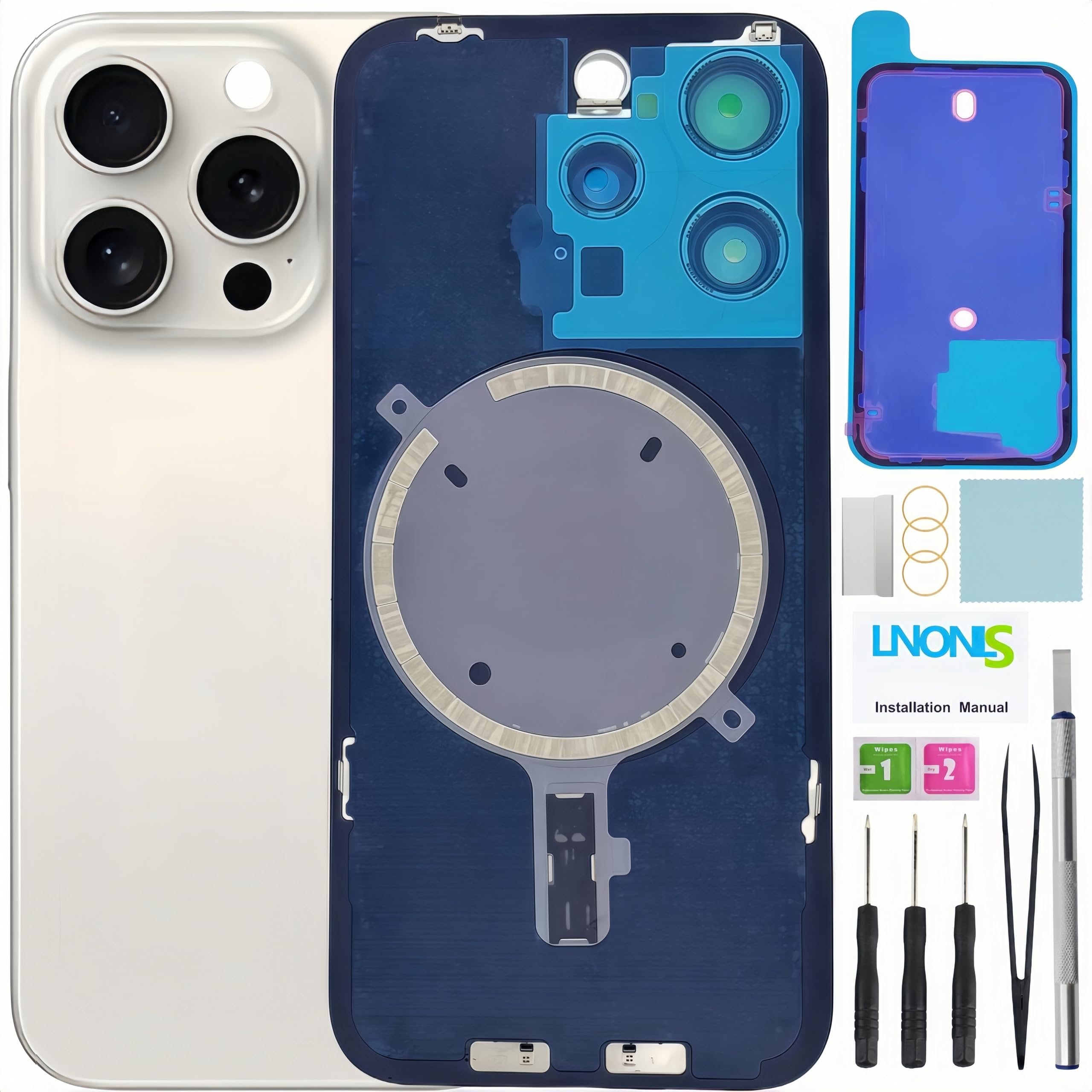 Photo 1 of LNONLS 15 Pro Back Glass Replacement for iPhone 15 Pro Rear Back Cover Glass Waterproof and Camera Lens+Professional Repair Tool Kit (White Titanium)