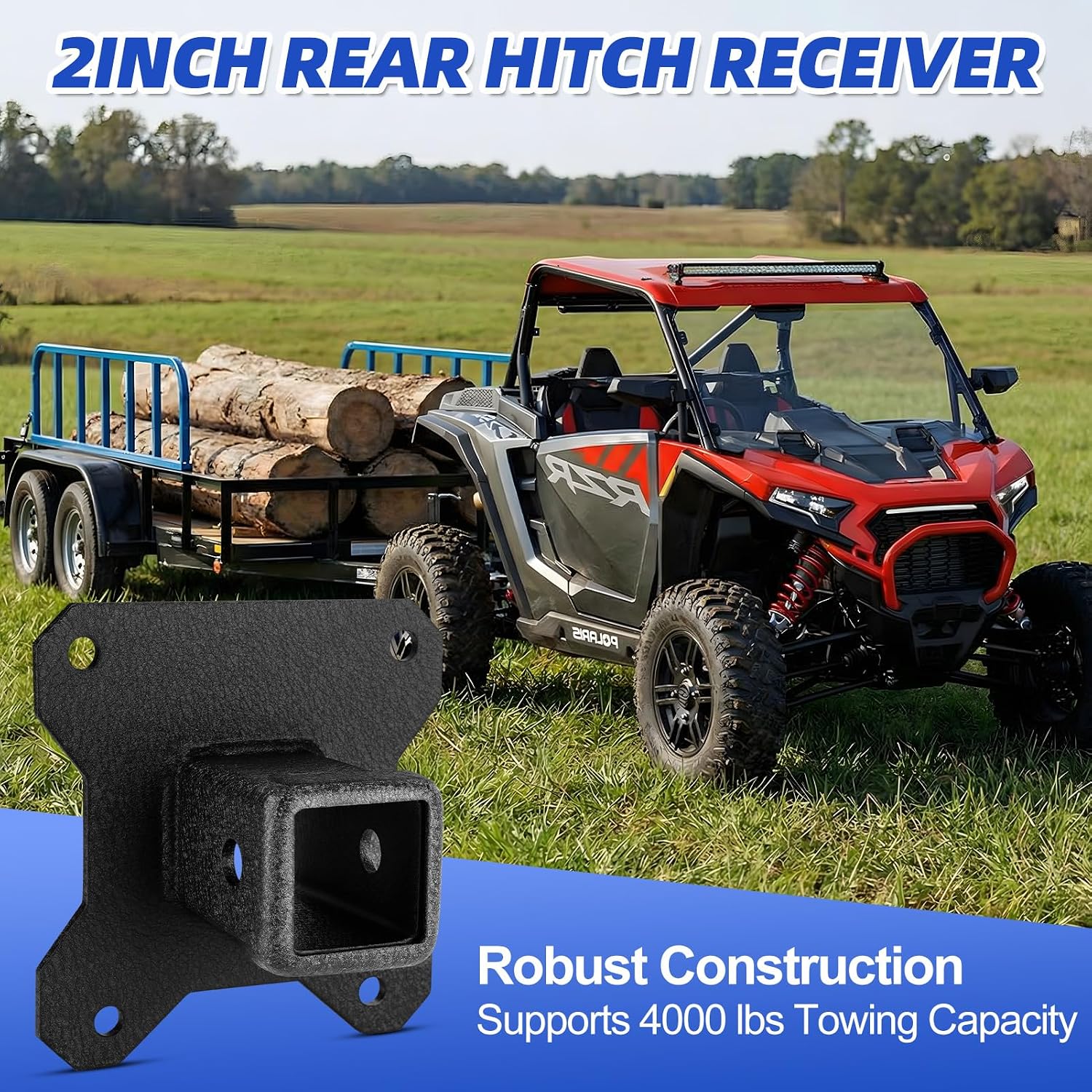 W&JWN 2" UTV Rear Receiver Hitch Compatible with Polaris RZR XP 1000/XP 4 1000 2014-2025 Heavy Duty RZR Hitch Receiver with Trailer Hitch Cover Yellow Trailer Hitch Pin