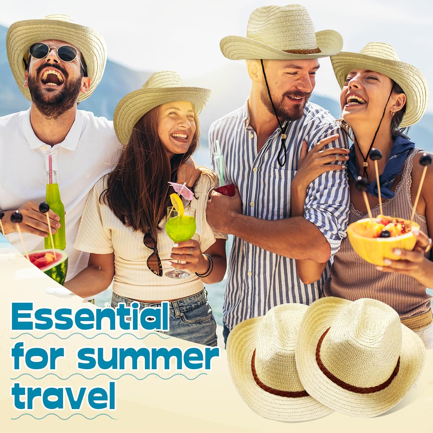 SATINIOR 12 Set Straw Cowboy Hats & Bandanas - Cowboy Party Hat Costume with Head Bandana (Beige, Braided Trim Style) - Image 2