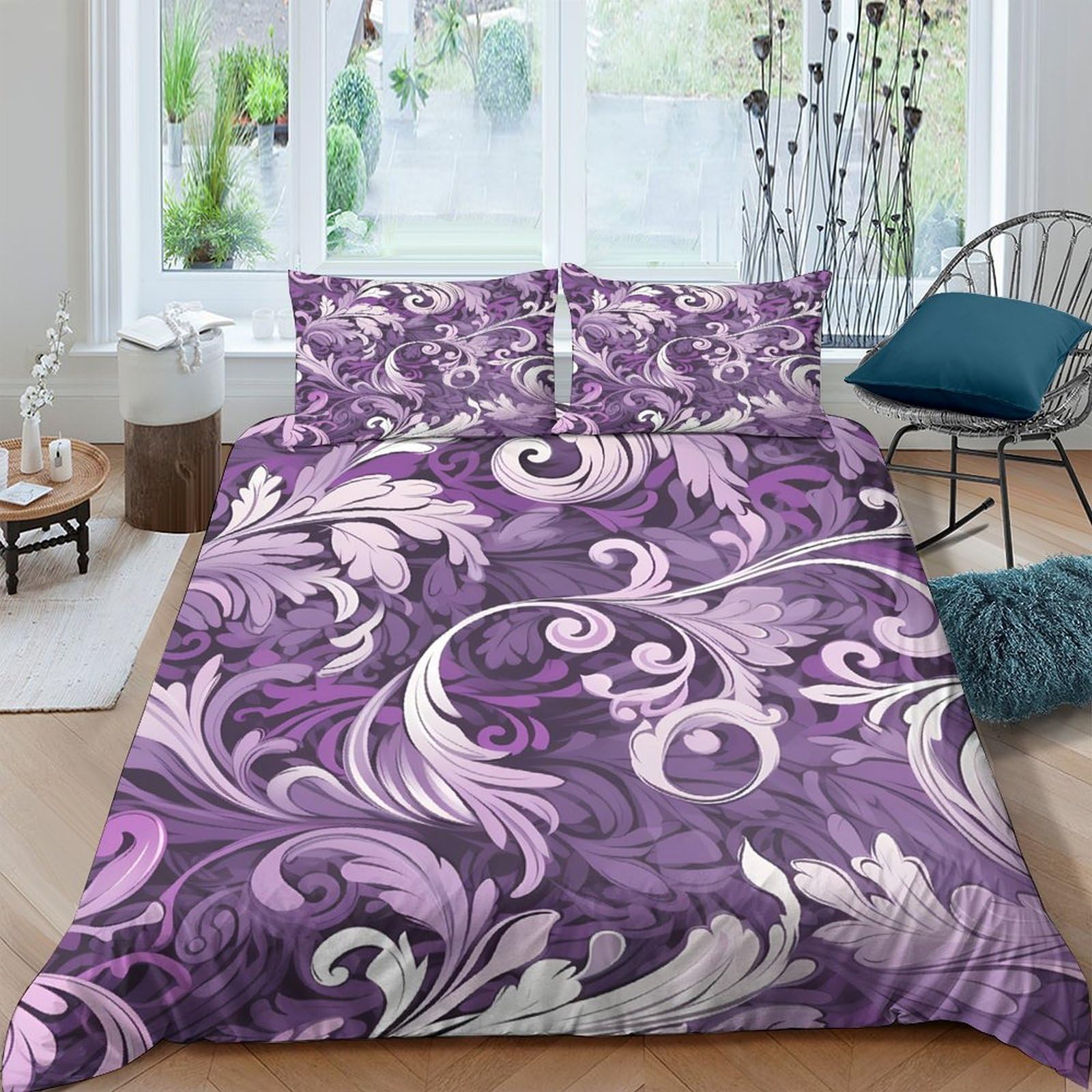 Ctjqhvkz Style-7 3D Printed Purple Baroque Fitted Sheet Microfiber Soft Anti-Slip Elegant Swirl Mattress Cover Bedroom Decor Single（135X200cm）