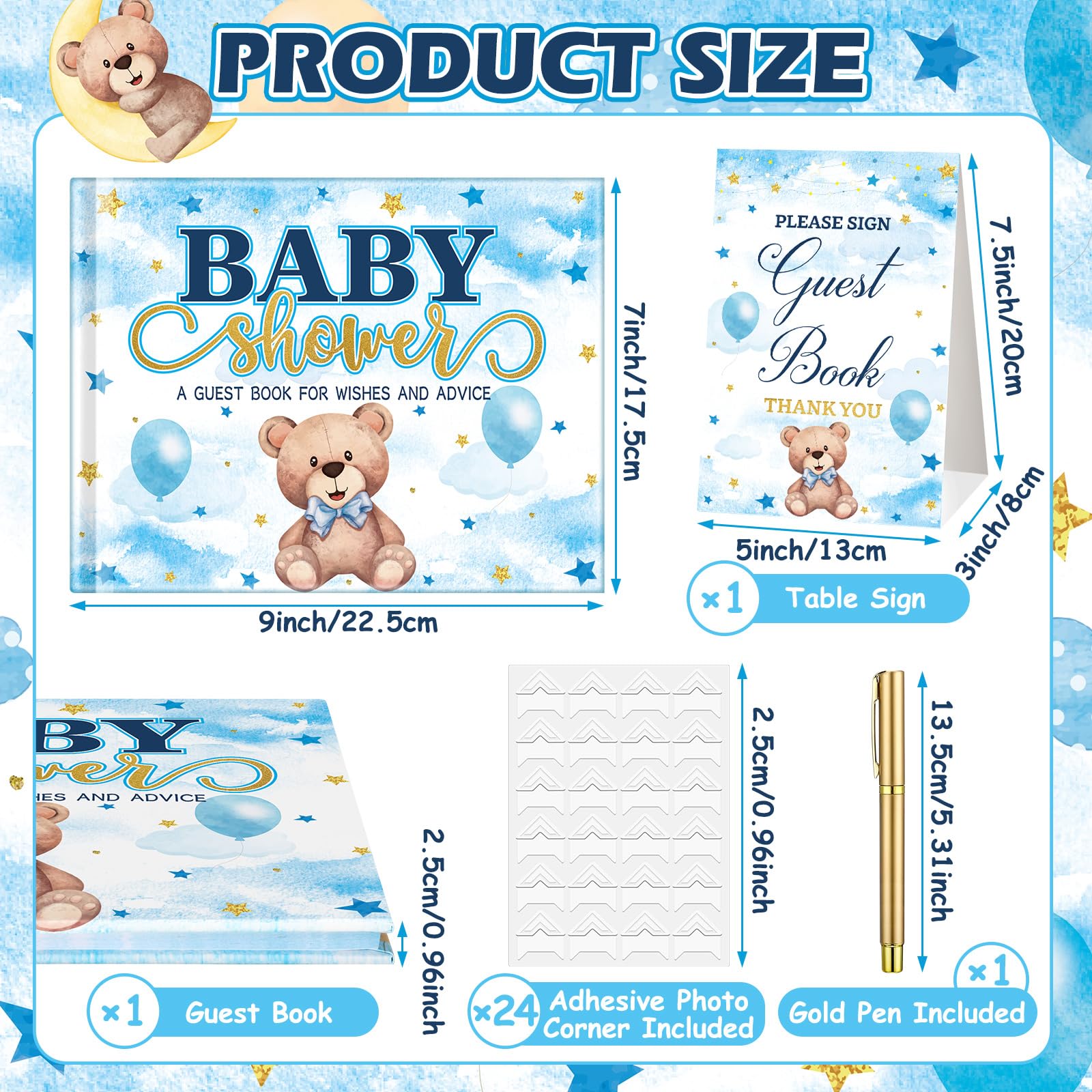 Fuyoooo Zestaw księgi gości na baby shower, niebieski, niedźwiedź, baby shower, 27 szt
