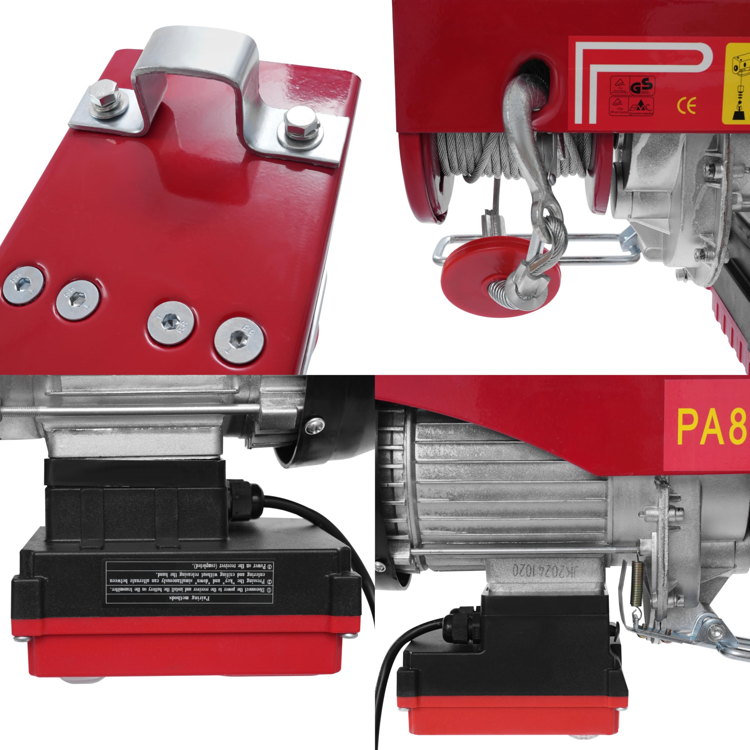 Elektrische Seilwinde aus Metall mit 1450W Motor, Kabellosen Fernbedienung Elektrische Flaschenzug Seilzug Motorwinde 400kg bis 800kg, Elektrischer Hebezug Seilhebezug Kettenzug mit 2 Schlingen