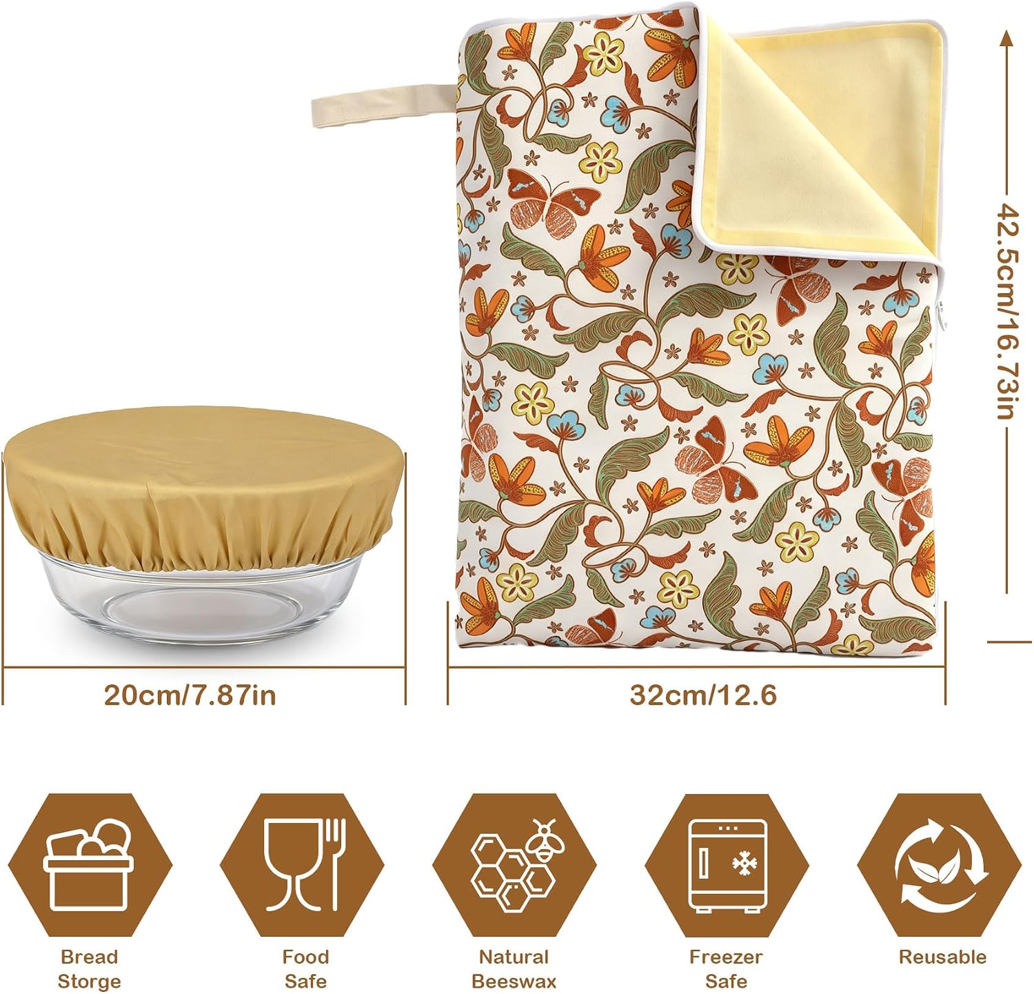 2 Pack Beeswax Bread Bag with Large Beeswax Bowl Cover, 13“×17” Bread Bag with Zipper & Carry Handle, Reusable Beeswax Bread Bags for Sourdough Bread Baking Supplies (Colorful Folk Vines) image 3