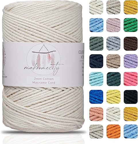 Makromecity, Cordón de macramé de algodón de 0.079 in x 195 yardas (590 pies) de algodón reciclado de 0.079 pulgadas, hilo de ganchillo para