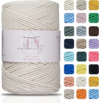 Makromecity Recycled Cotton Cord for Macrame - 2mm x 640ft, 2mm, for Macrame, Art and Craft, Wall Hangings, Bags, Placemats, Rugs 25 Colors Available Off-White