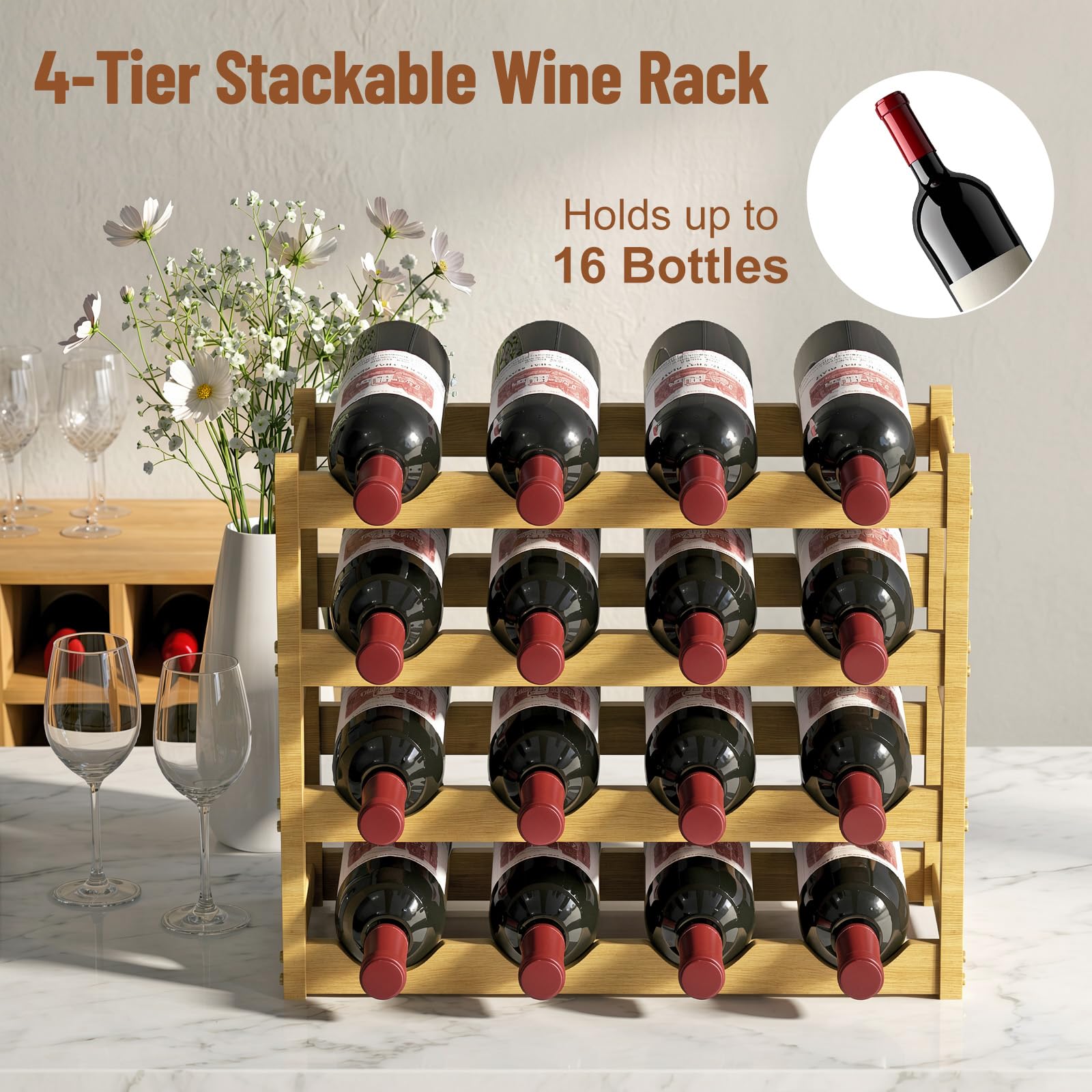 Nuovoware Portabottiglie in Bambù, Portabottiglie Impilabile 4 Ripiani per 16 Bottiglie con Scanalature Ondulate, Robusto Ripiano da Appoggio per Cucina, Dispensa, Sala da Pranzo, Cantina, Bar