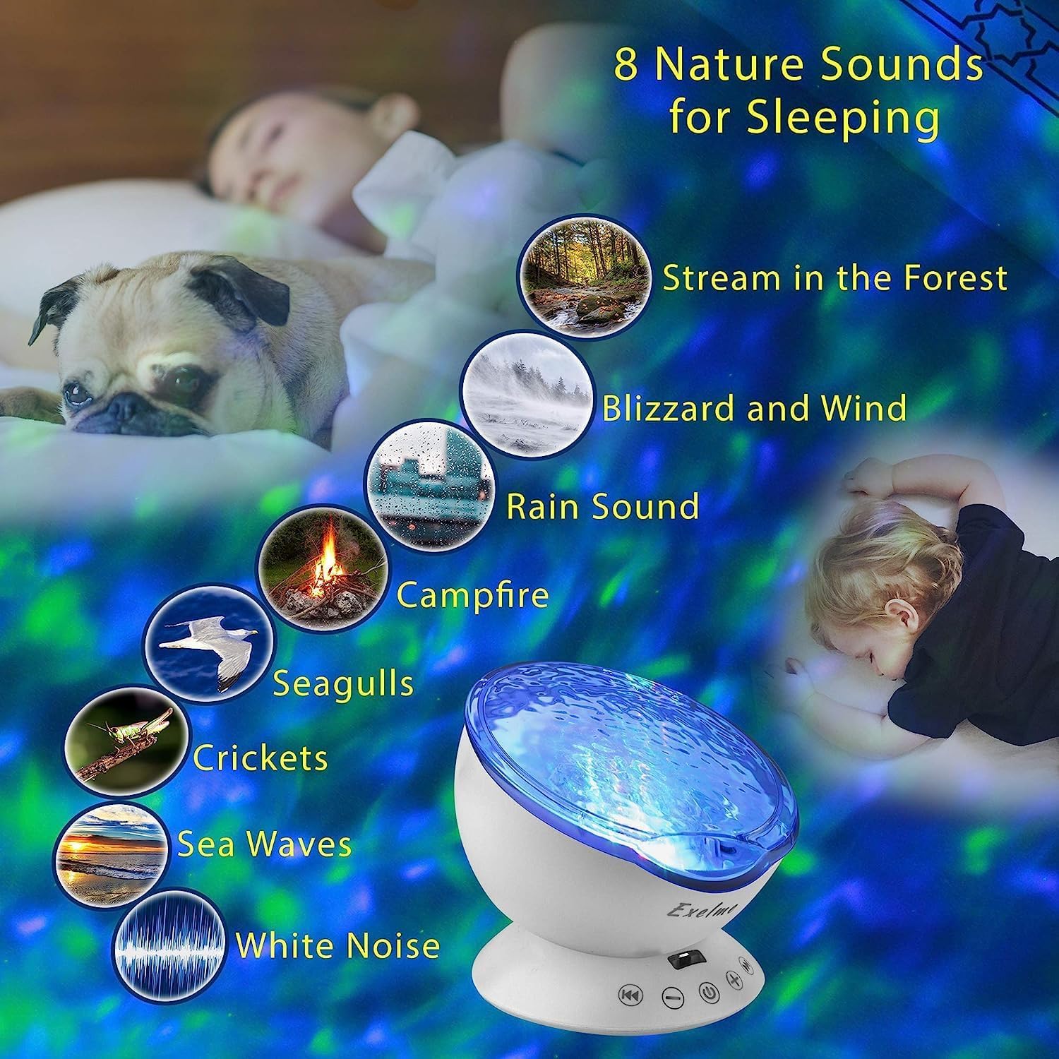 Luces de olas del océano, proyector de luz nocturna, máquina de sonido con ruido natural relajante y espectáculo de luz relajante, efectos de luz de onda que cambian de color para niños, adultos,