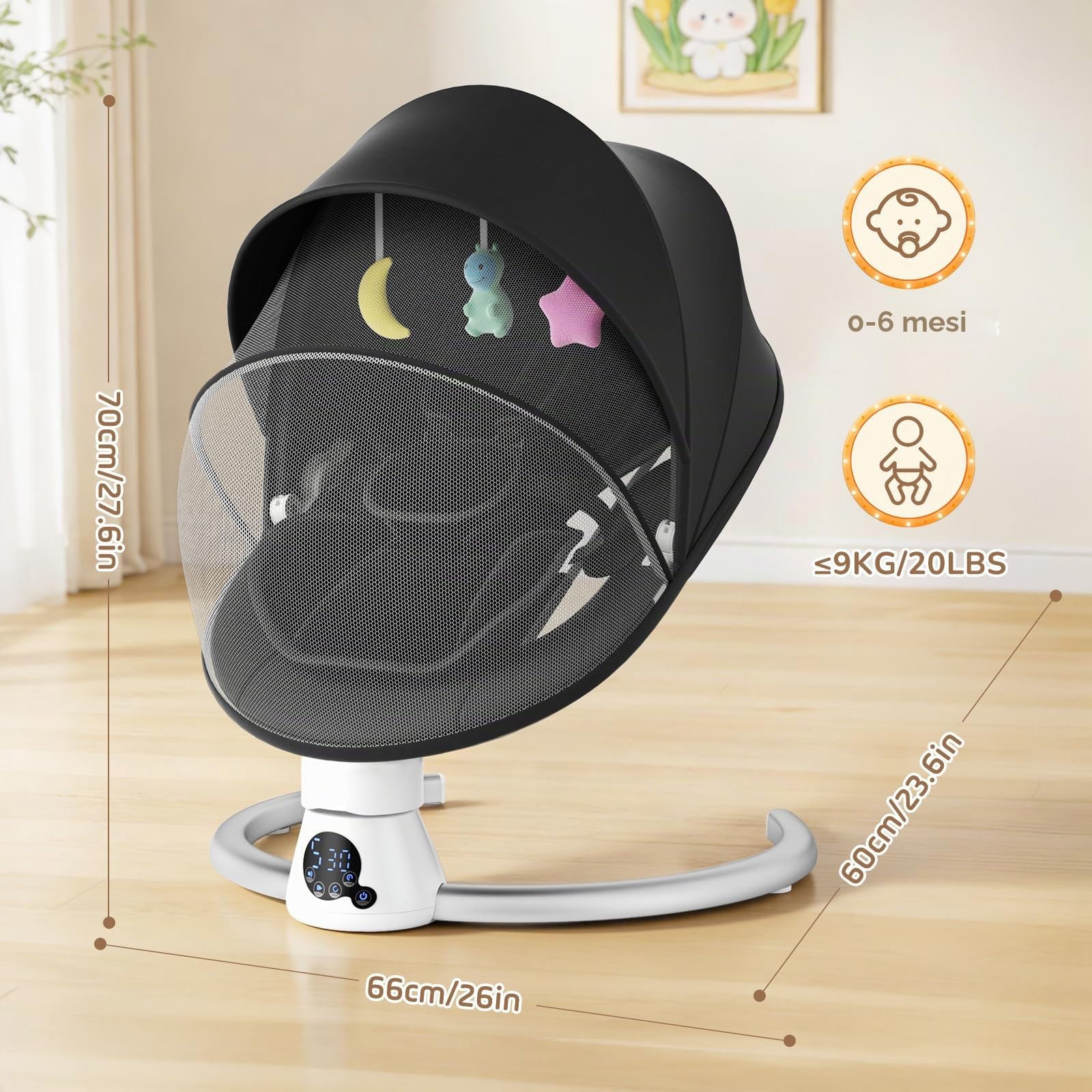 Sdraietta Elettrica per Bebè con App e Telecomando, Hamaca Elettrica fino a 9 kg con 5 Velocità di Oscillazione, 3 Timer, 11 Canzoni, Cinture di Sicurezza a 5 Punti, 2 Posizioni Seduta - Nero