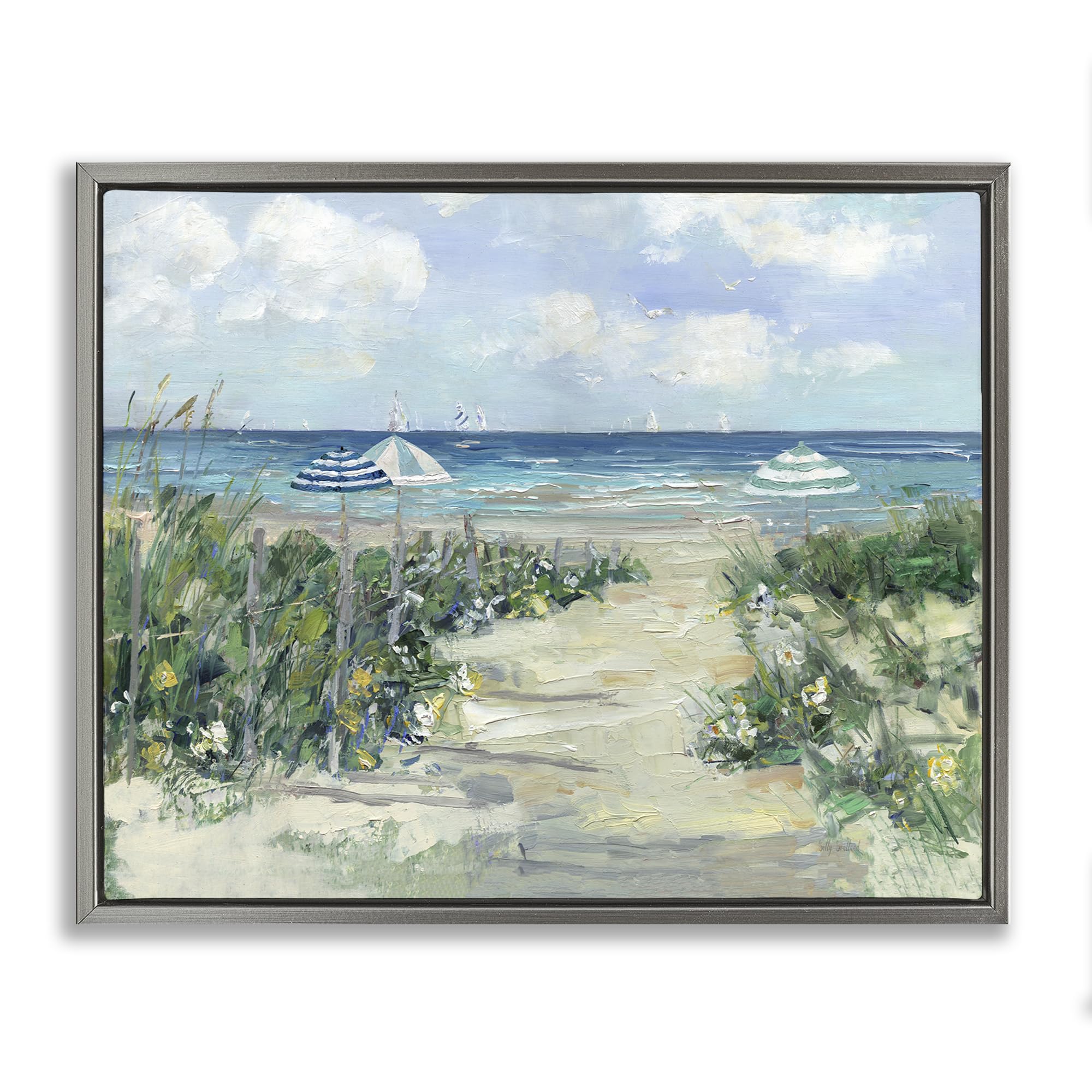 Stupell Industries 'Seaside Path To Striped Umbrellas', Floating Frame Canvas Art, Gray, 21 x 17 Inches, Easy to Hang and Sturdy, Made in USA, by Sally Swatland