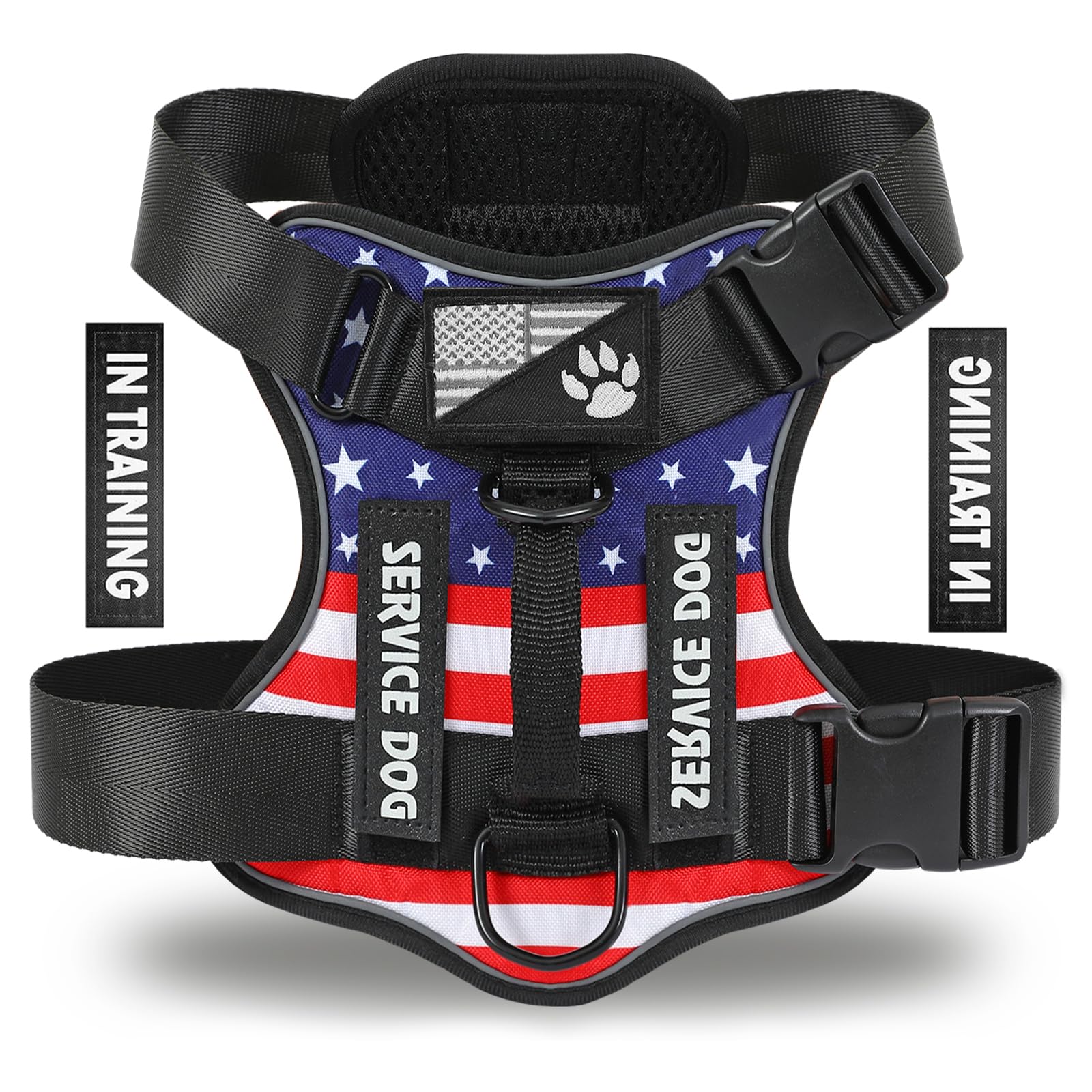 Demigreat Service Dog Harness, Reflective Dog Vest Harness with 5 PCS Patches, Adjustable Soft Oxford Pet Harness, Inner Layer Mesh, Easy to Control for Dogs (USFLAG, X-Small (Pack of 1))
