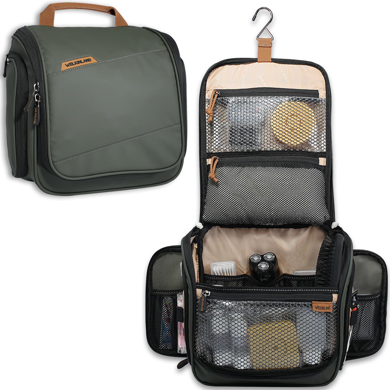 WELKINLAND Neceser colgante de 13 bolsillos, bolsa de aseo impermeable para hombre, kit de viaje grande para hombre, bolsa de viaje para baño, bolsa de viaje totalmente abierta para hombres, bolsa de