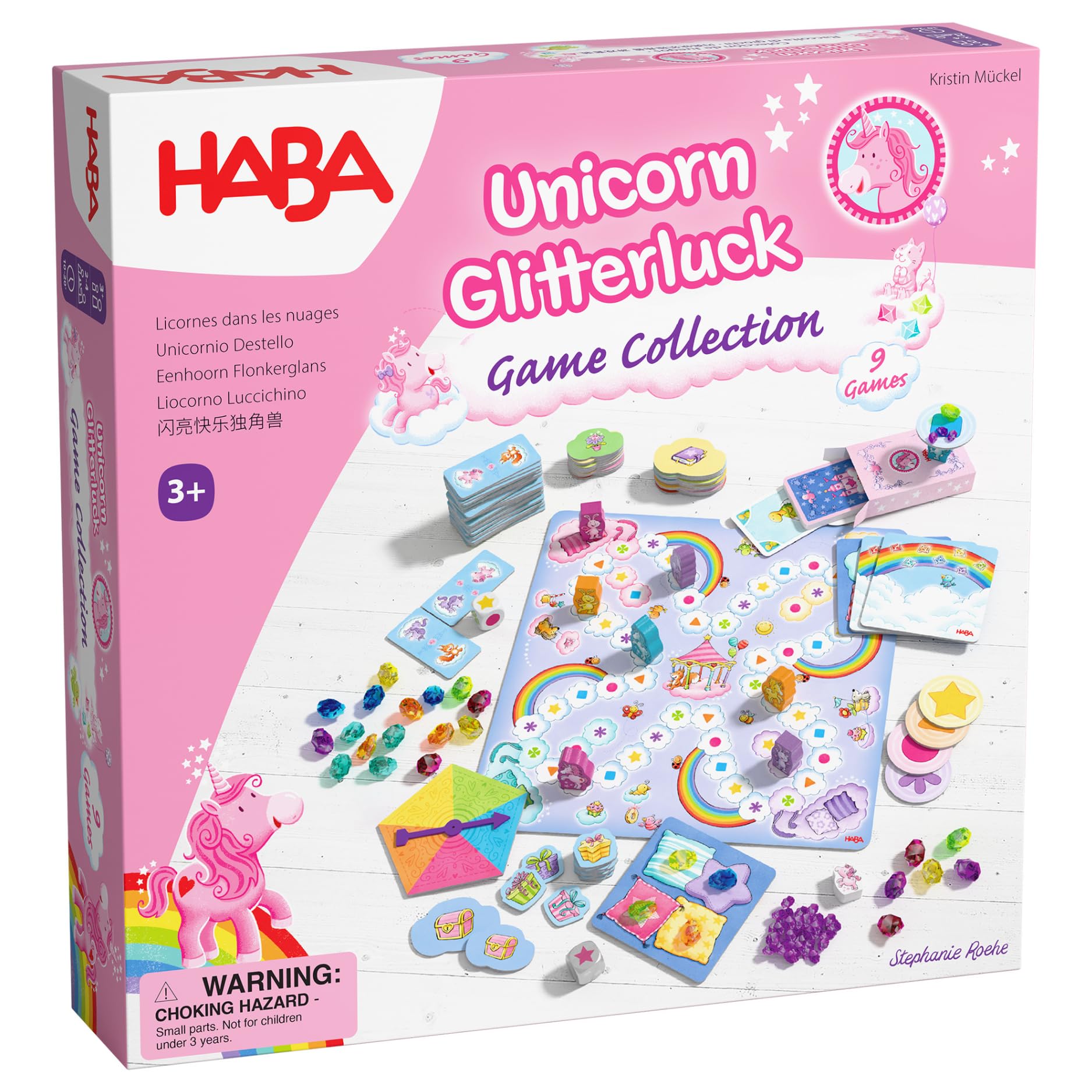 HABA Colección De 9 Juegos Unicornio Destello – Set De Mesa Con Animales De Madera, Retos De Memoria Y Apilado, Para 2-4 Jugadores Desde 3 Años