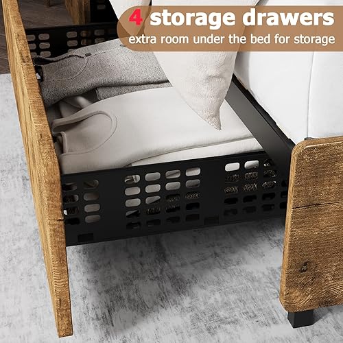 Miniatura 4 de Base de cama matrimonial con 4 cajones de almacenamiento, cabecera de madera rústica y plataforma de estribo con listones de madera fuertes y