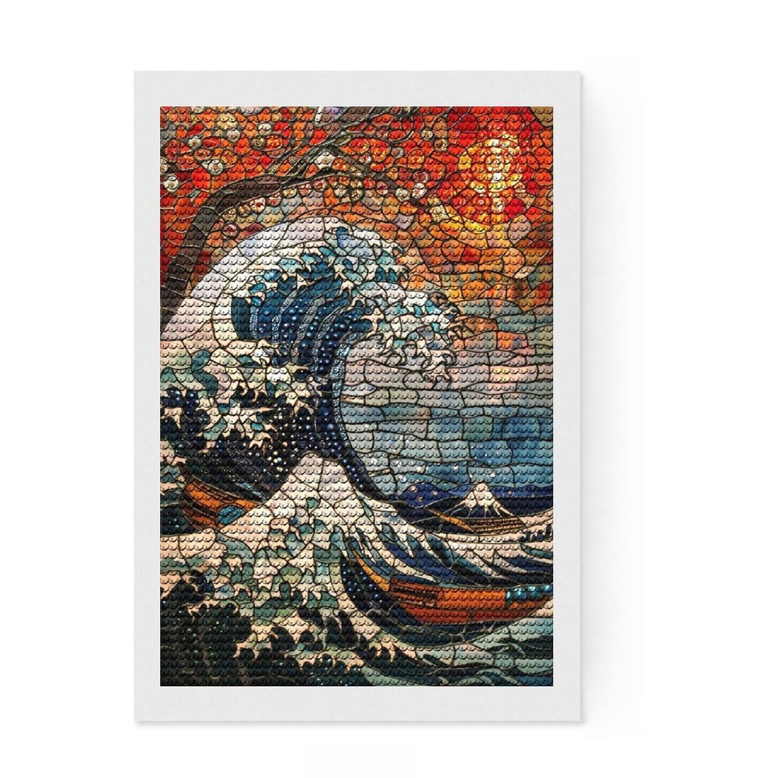 Junmoney Kanagawa Stained Glass Art DIY Diamond Art Canvas Kit 8"x12", Neat Printed Canvas, Mindful Craft Activity, Office Decor, Gift Idea