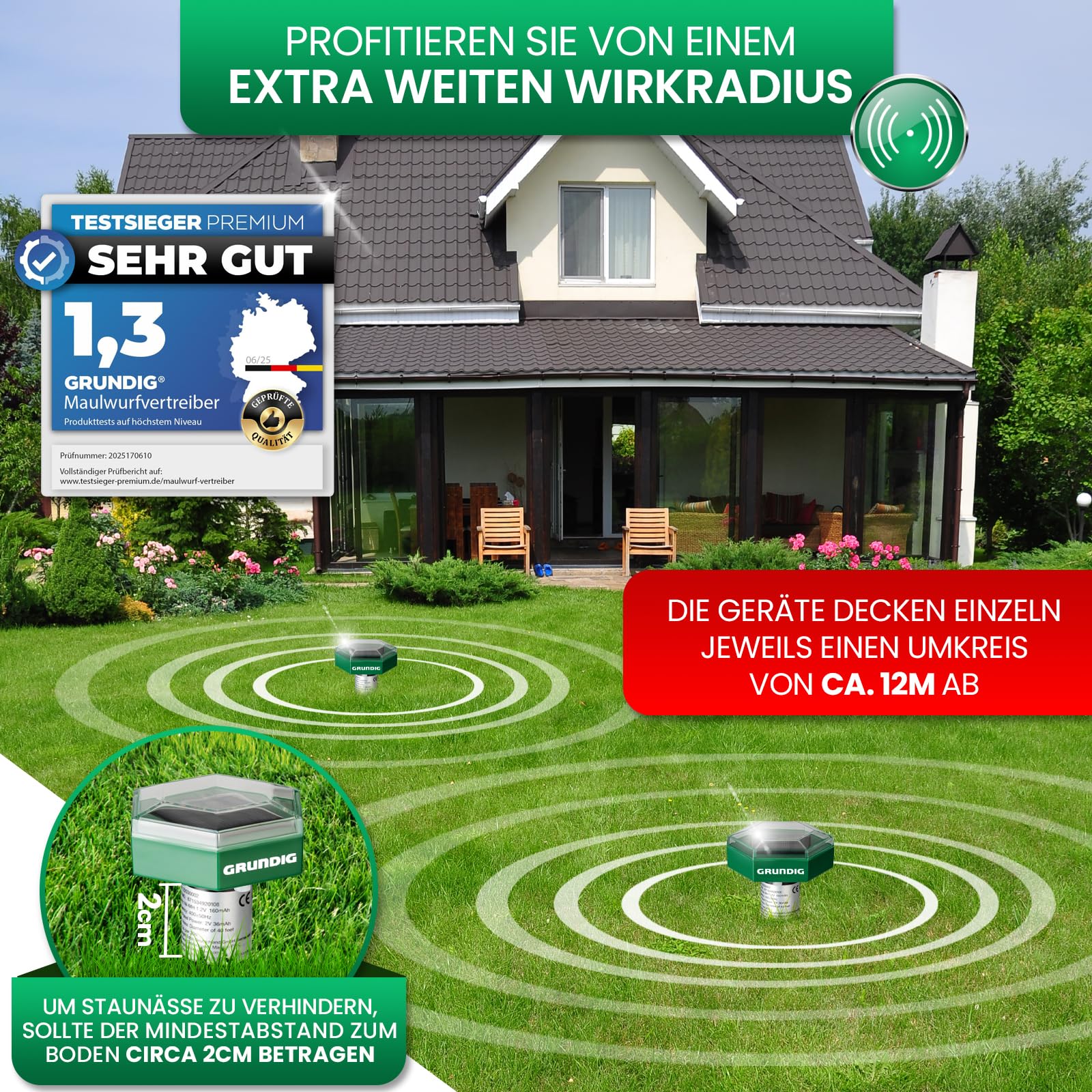 GRUNDIG Maulwurf Vertreiber Wühlmausschreck 2erPack - SCHNELLE Ergebnisse mit extremen Wirkradius I Wühlmaus, Maulwurf vertreiben - Solar Maulwurfschreck Maulwurfvertreiber (2 Stück (1Set))