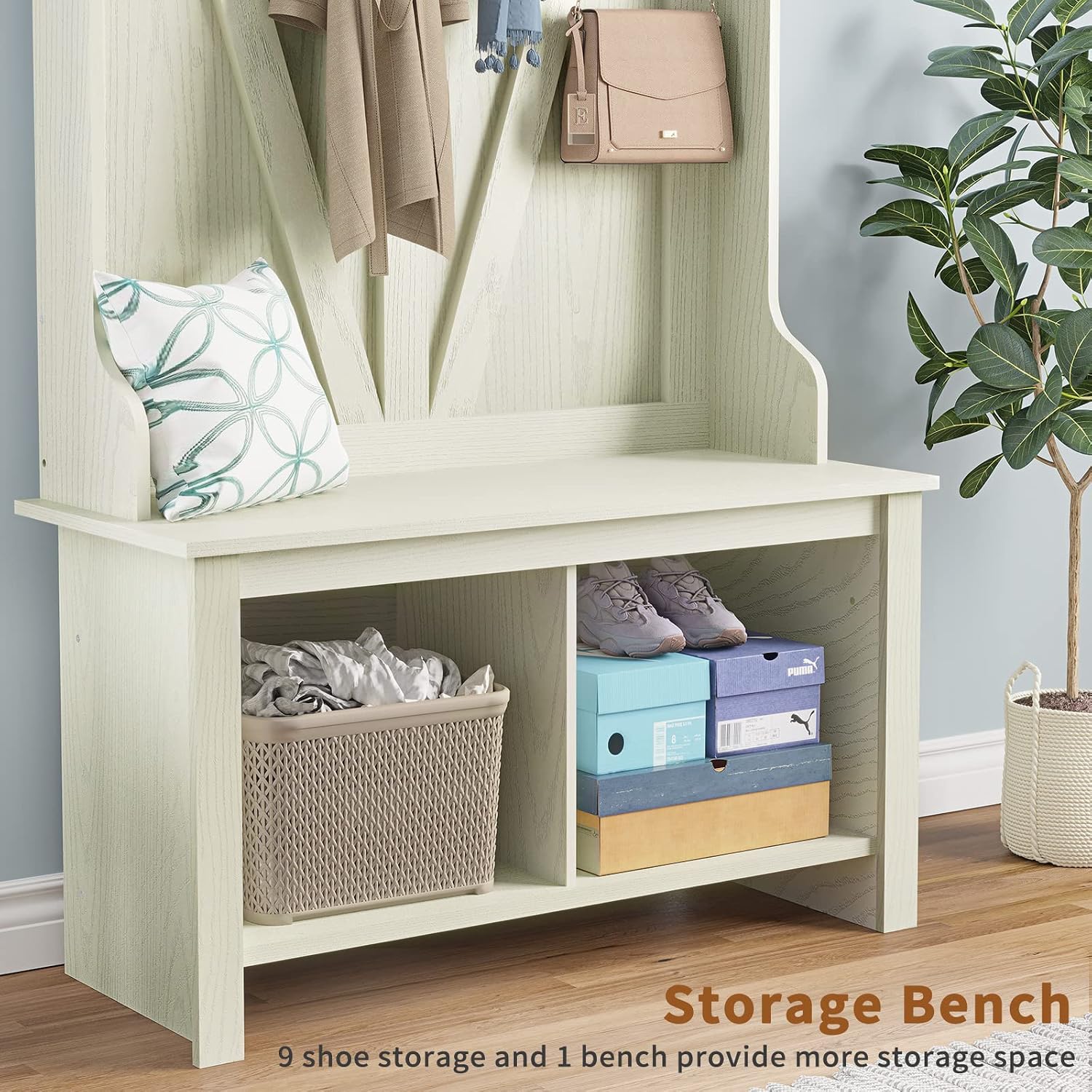 Itaar Hall Tree with Storage Bench, Entryway Bench with Coat Rack, Shoe Storage, Hall Tree with Bench and Storage Cabinet, White