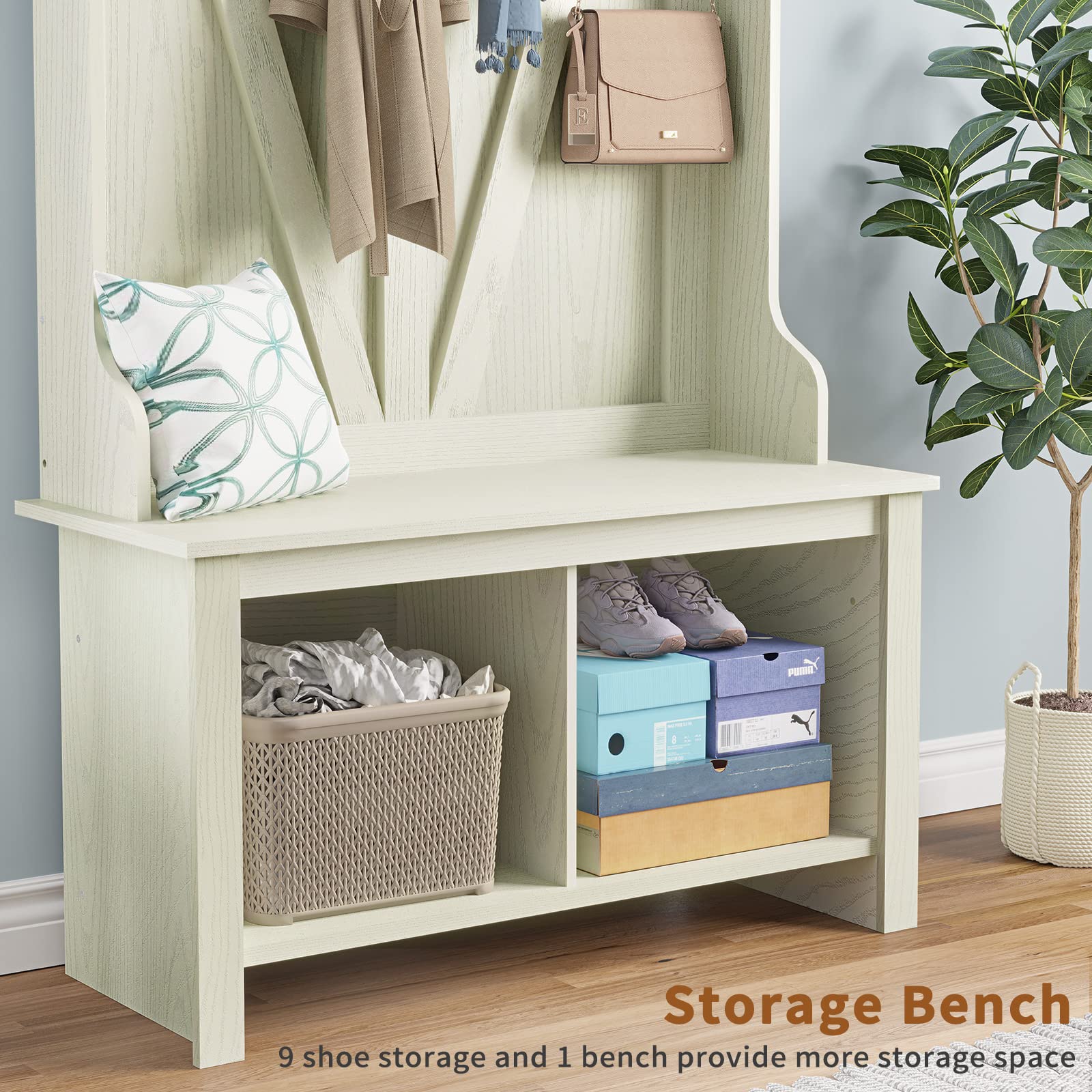 Itaar Hall Tree with Storage Bench, Entryway Bench with Coat Rack, Shoe Storage Organizer, Coat