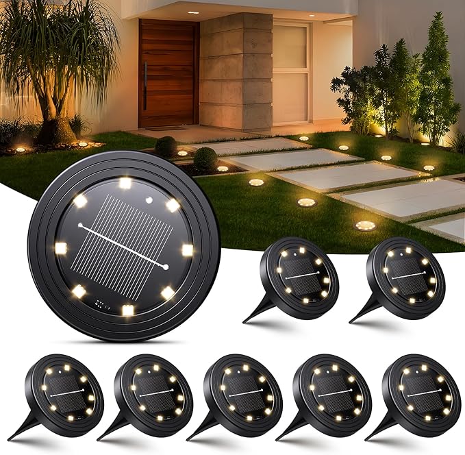 NIBSHOOM Bodemverlichting op zonne-energie, voor buiten, IP68 weerbestendig, met 8 leds, tuinverlichting, lange levensduur, warmwit, zonnelampen voor tuindecoratie, paden, terrassen, 8 stuks
