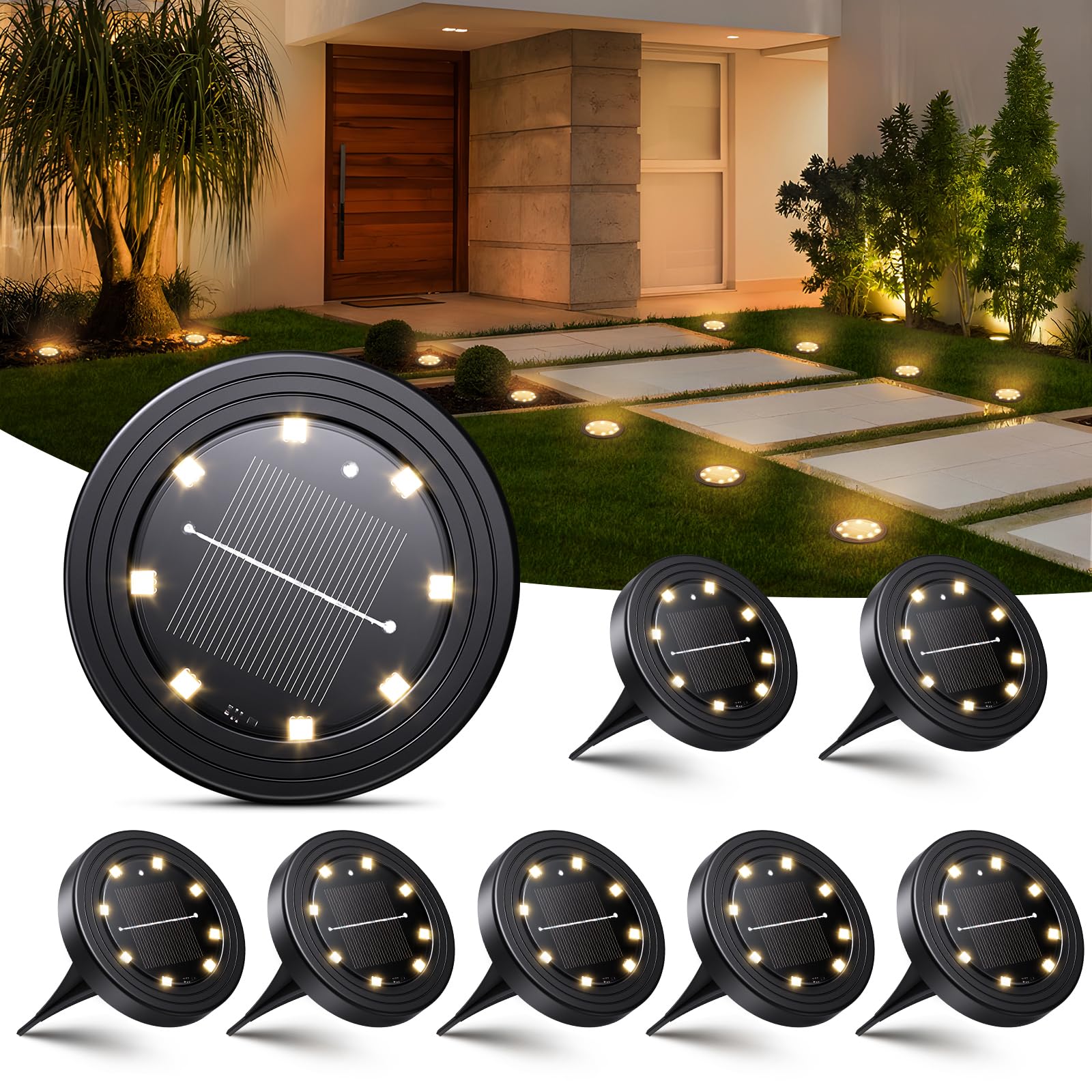 NIBSHOOM 8 Stück Solar Bodenleuchten Aussen, 8 LED Solarleuchten Garten IP68 Wasserdicht, Gartenbeleuchtung Solar Lange Lebensdauer, Solarlampen für außen Garten Rasen Patio Auffahrt, Warmweiß